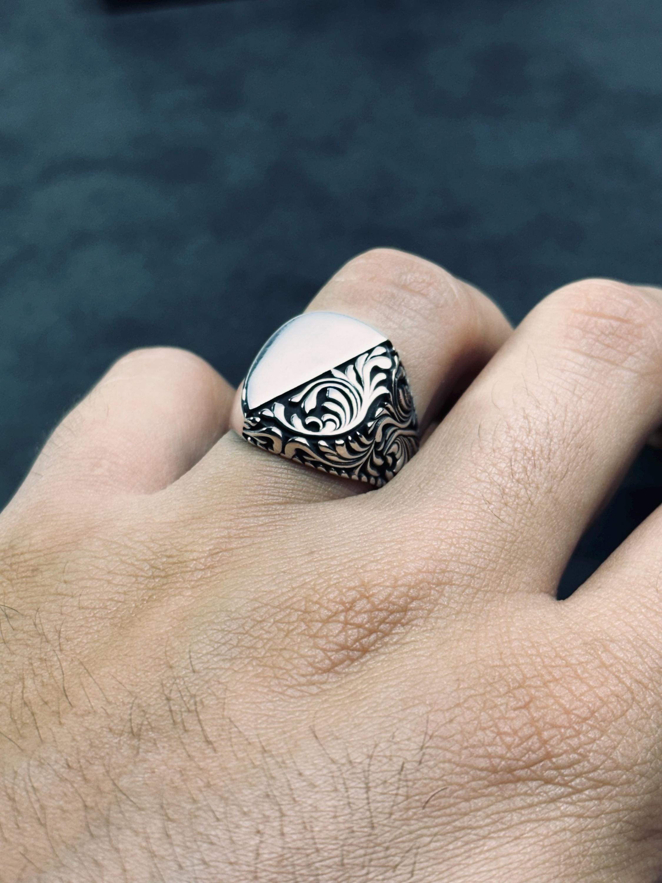 Sterling Silver Ring: Engraved Greek Style - Handcast Finish