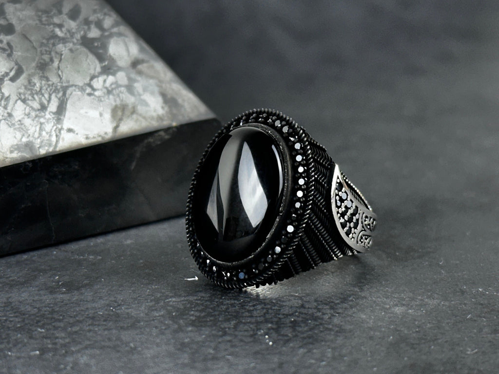 Handmade Silver Onyx Ring - Solid Sterling with Zircon Accent