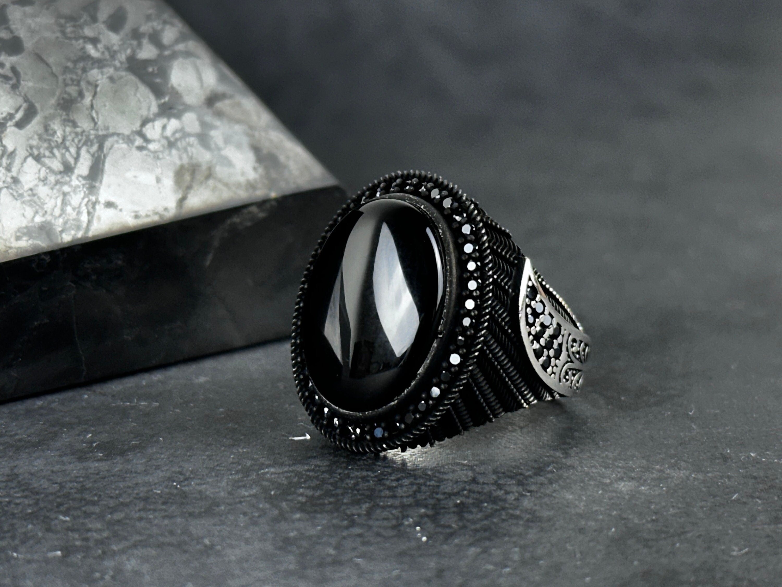 Handmade Silver Onyx Ring - Solid Sterling with Zircon Accent