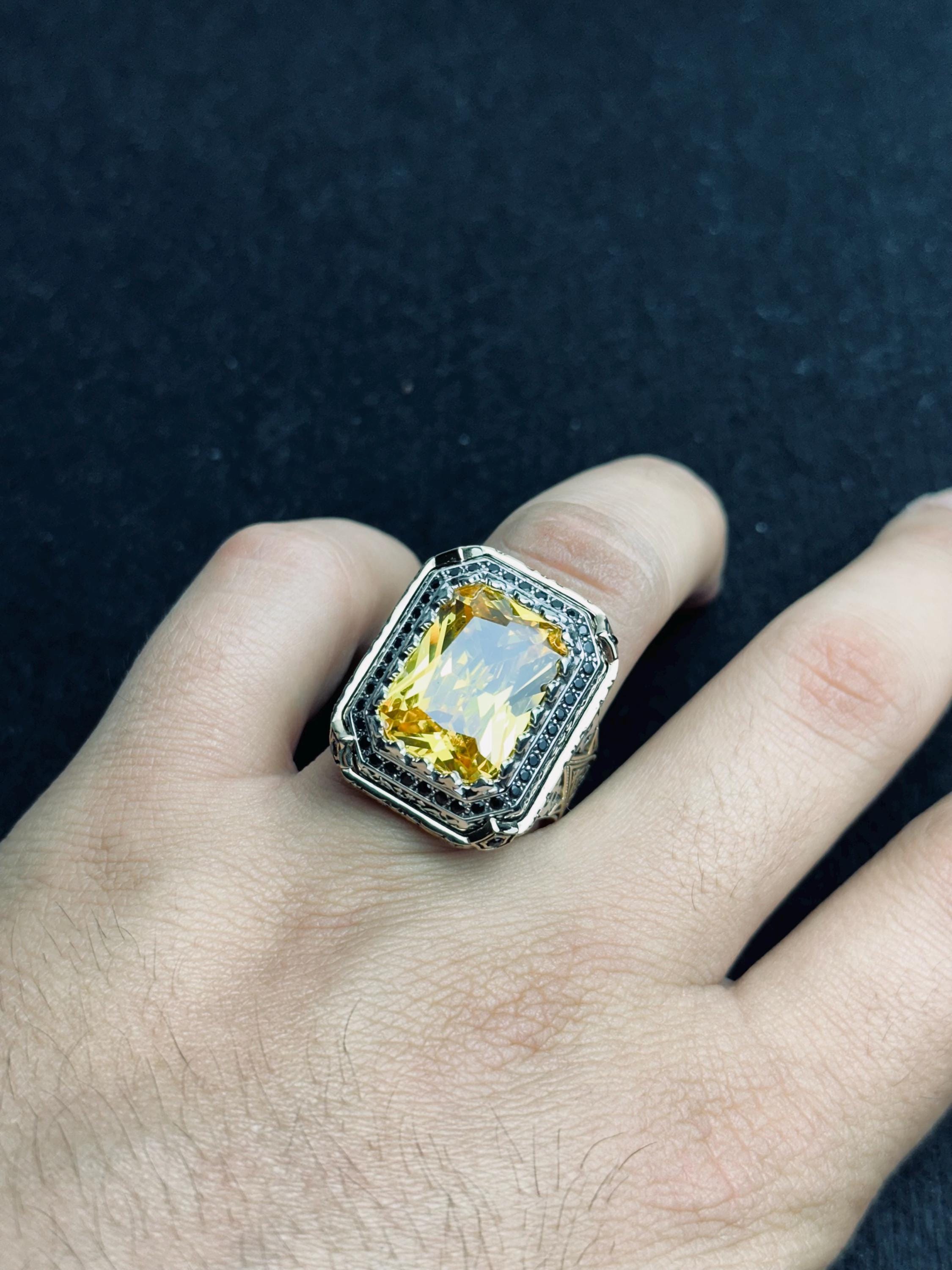 Square Citrine Men’s Ring - Handmade Sterling Silver Bold Gem