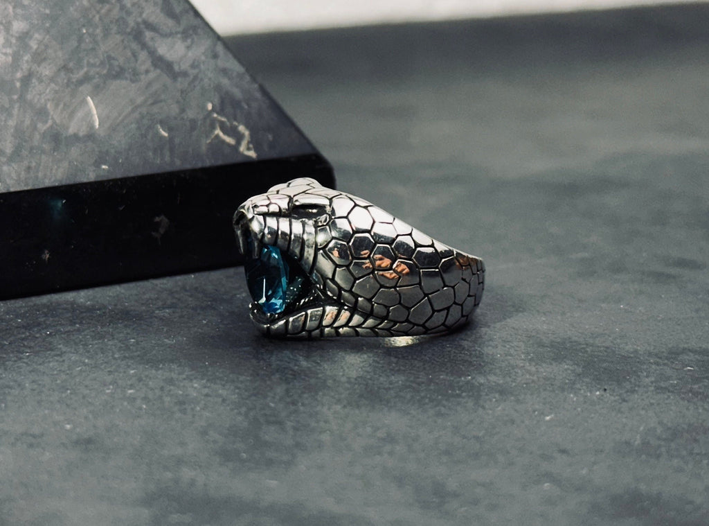 Snake Ring: Sterling Silver with Blue CZ Stone (Engraved Style)