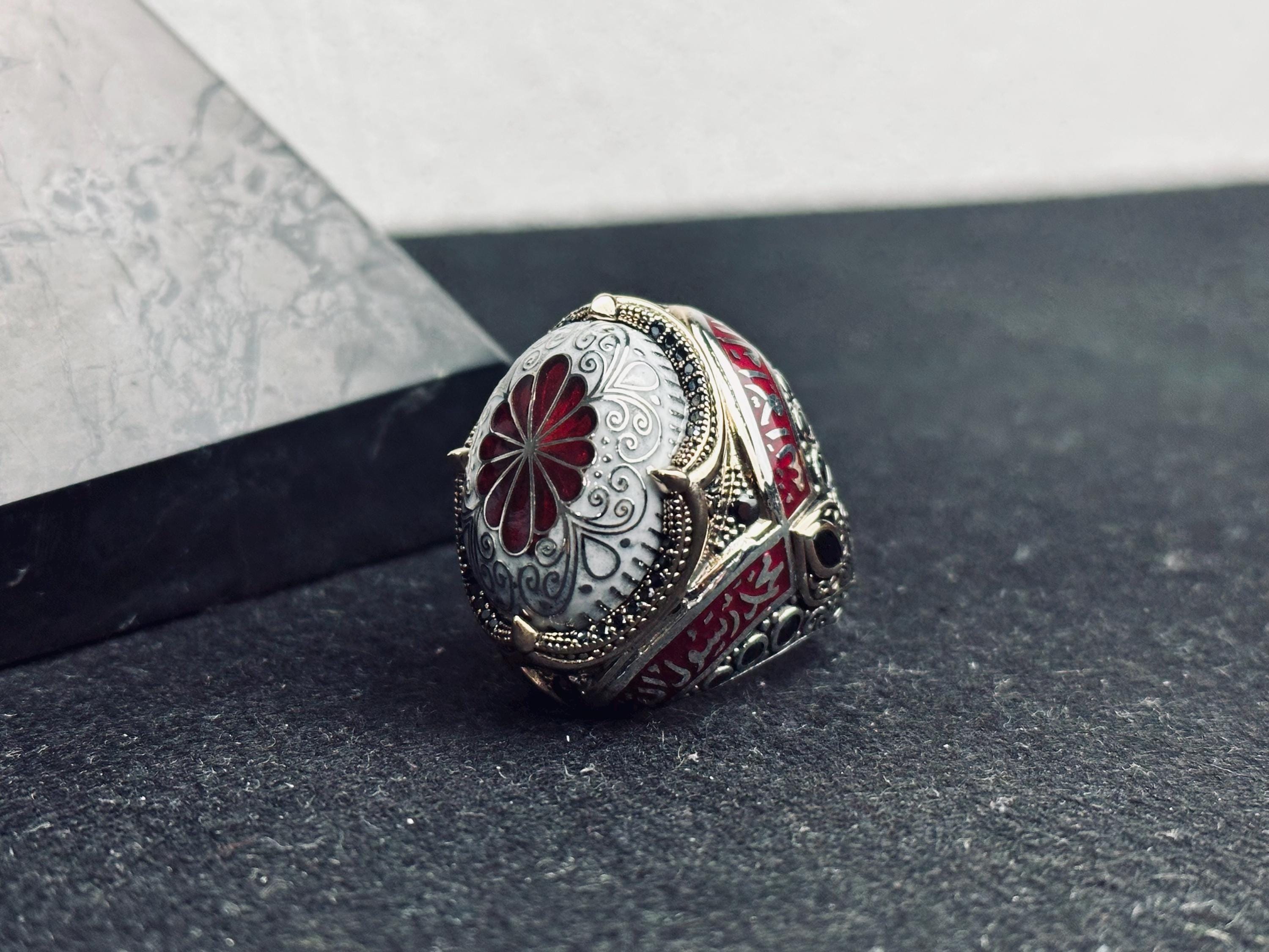 Red Enamel Islamic Ring, 925 Sterling Silver Arabic Calligraphy