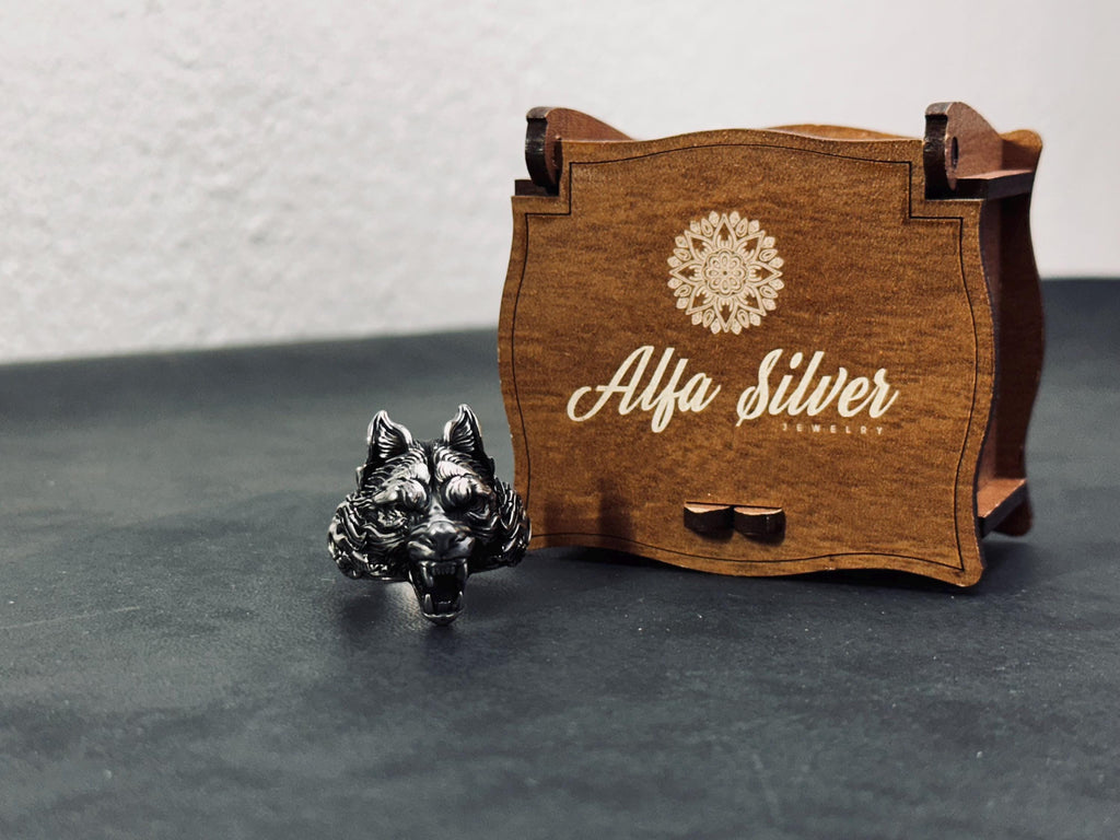Wolf Head Ring: Gothic Sterling Silver (Handmade, Gift Box)