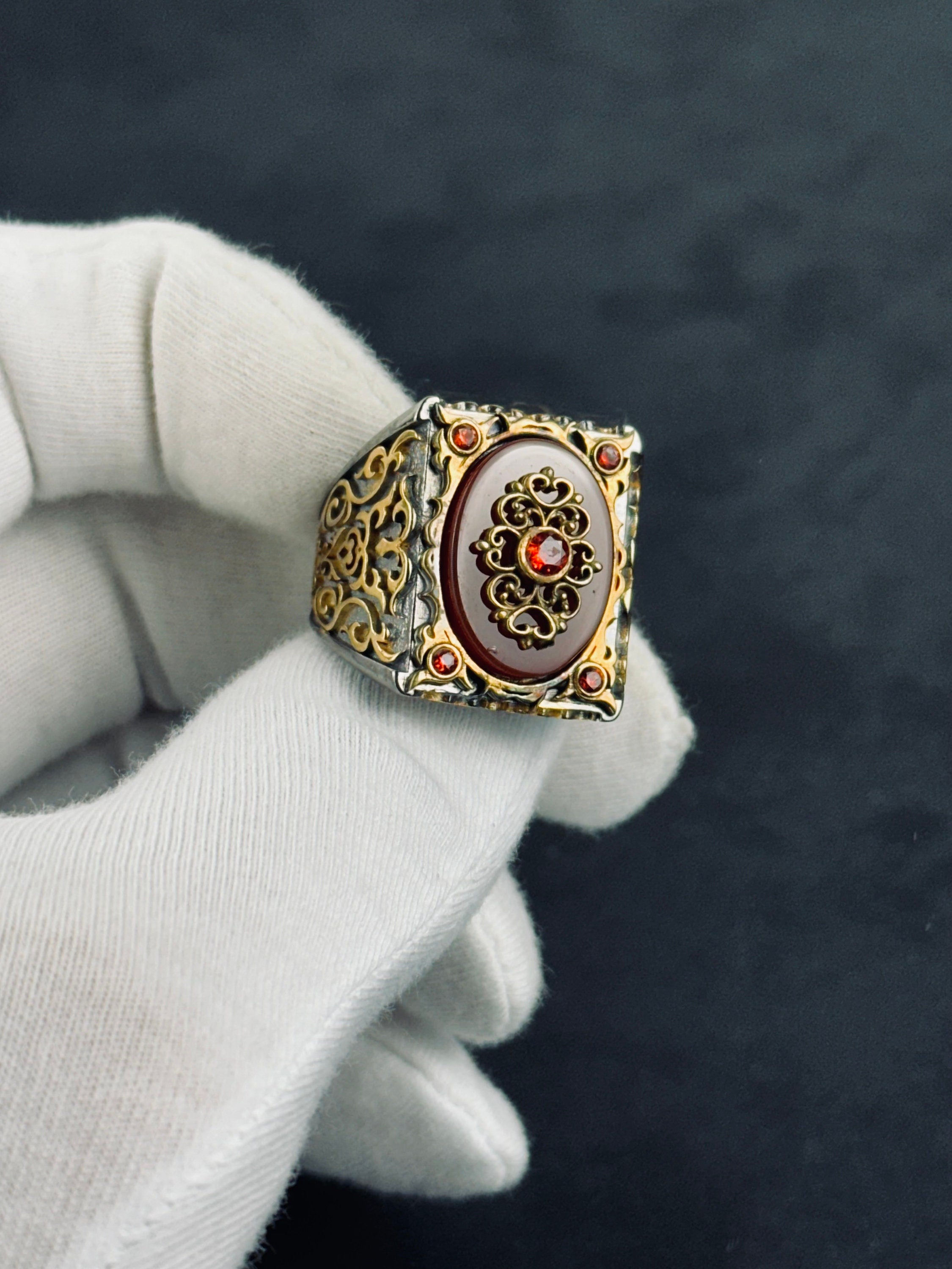 Red Aqeeq Ring: Handmade Sterling Silver (Engraved, Zirconium Accent)