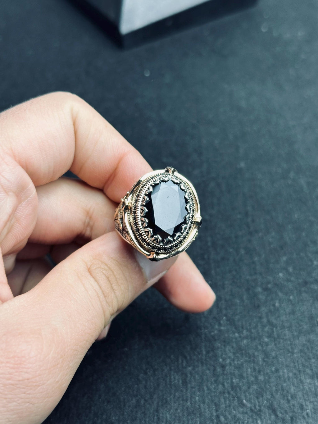 Black Zircon Men’s Ring - Unique Handmade Turkish Silver