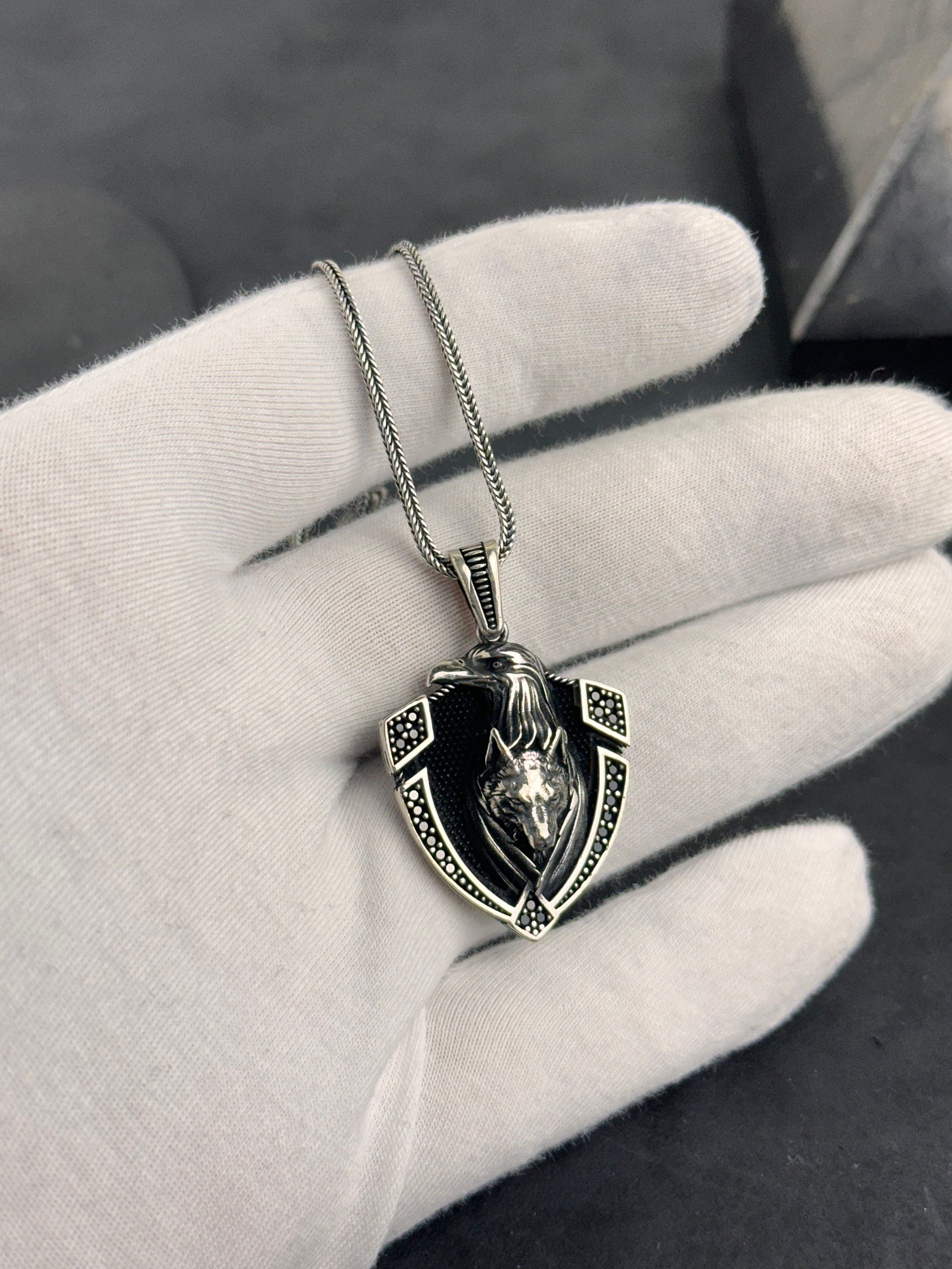 Wolf Head Shield Necklace: Sterling Silver Layered Pendant