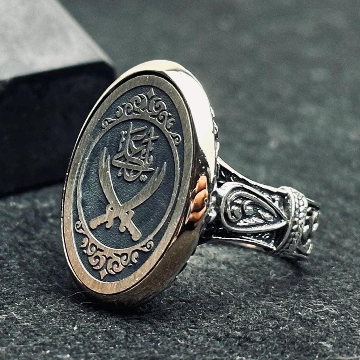 Arabic Calligraphy Sword Ring: Handmade Sterling Silver Men's Jewelry