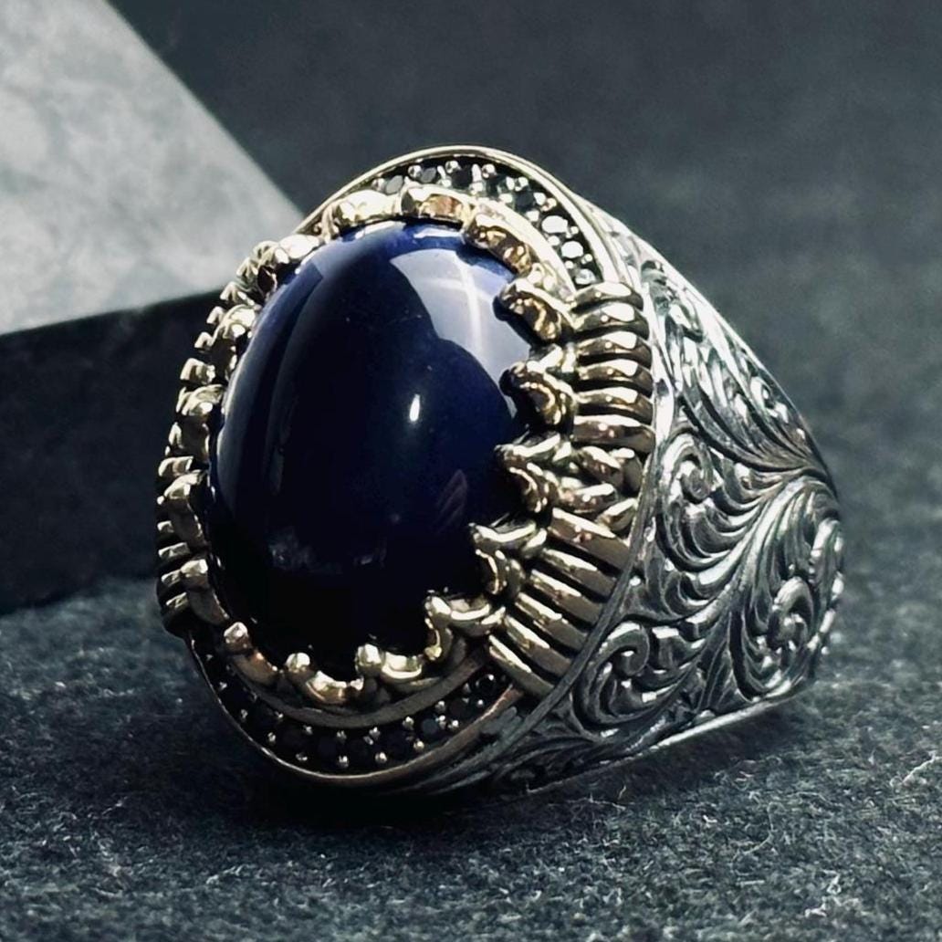 Viking Sapphire Ring, Dragon Engraved, Sterling Silver (Men's Size)