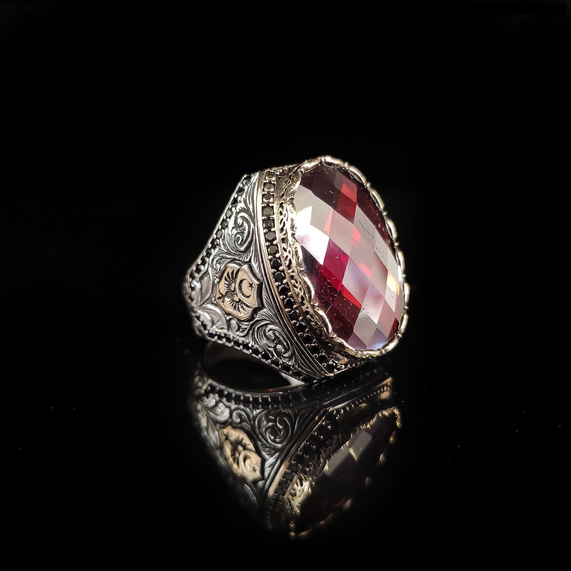 Red Zircon Men's Ring: Handmade 925 Sterling Silver Statement