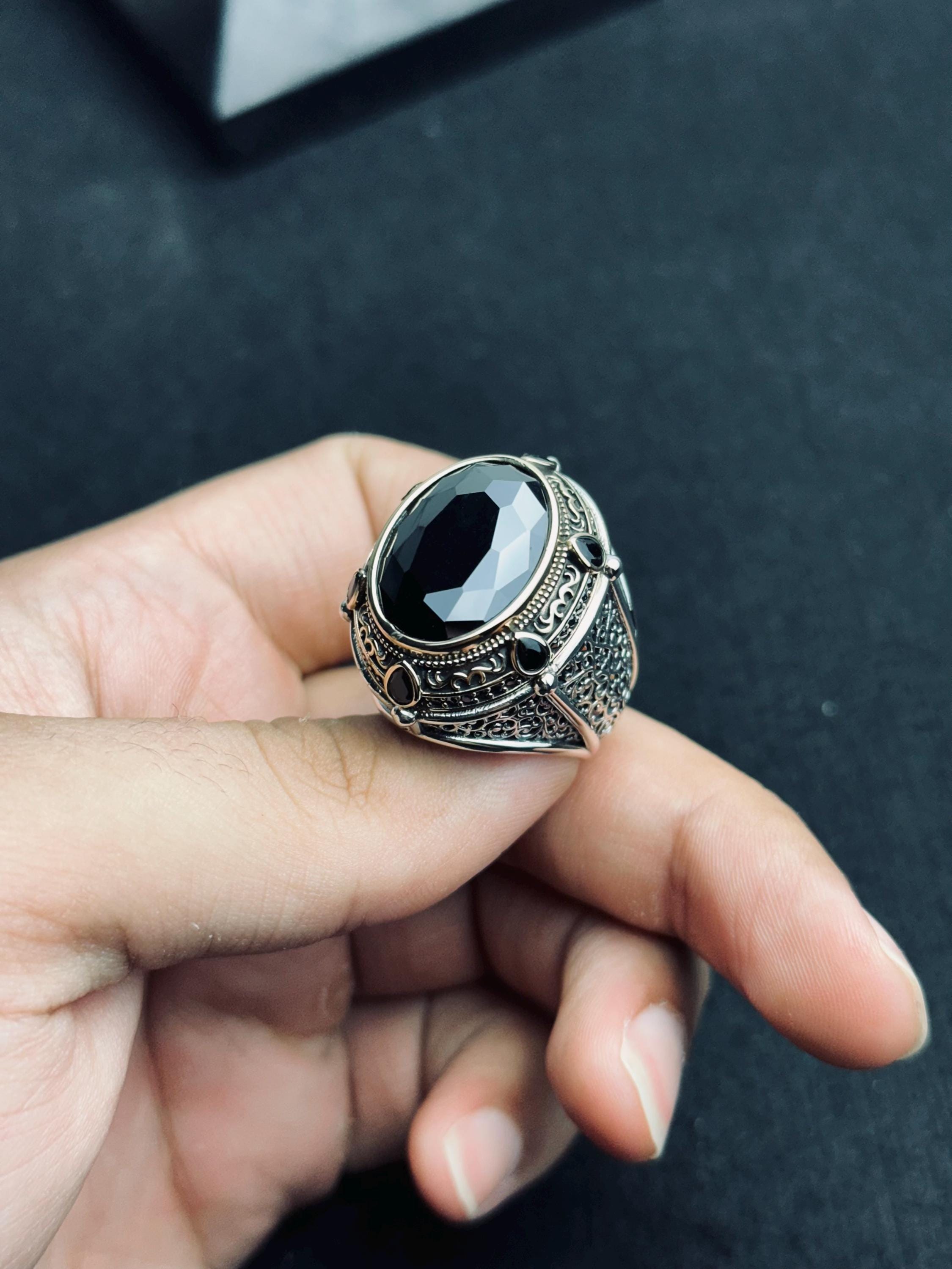 Turkish Sterling Silver Ring, Black CZ Stone, Bold Design (Men’s Size)