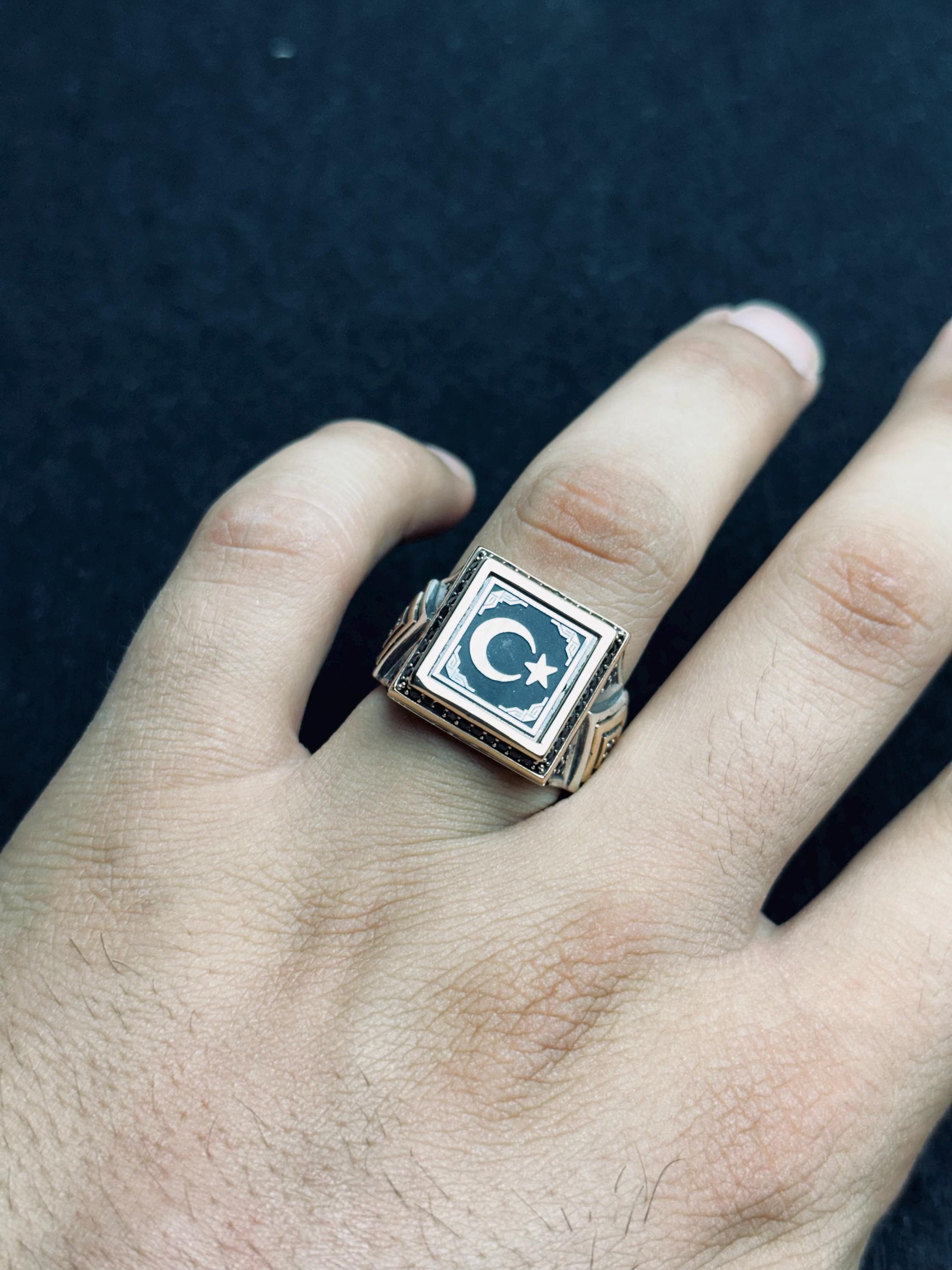 Square Signet Ring: Moon and Star Design (Sterling Silver Handmade)