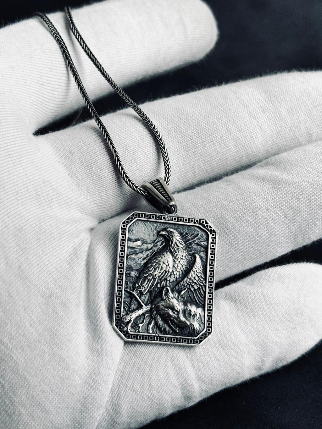 Silver Eagle Wolf Pendant Necklace: Handcrafted Statement Jewelry