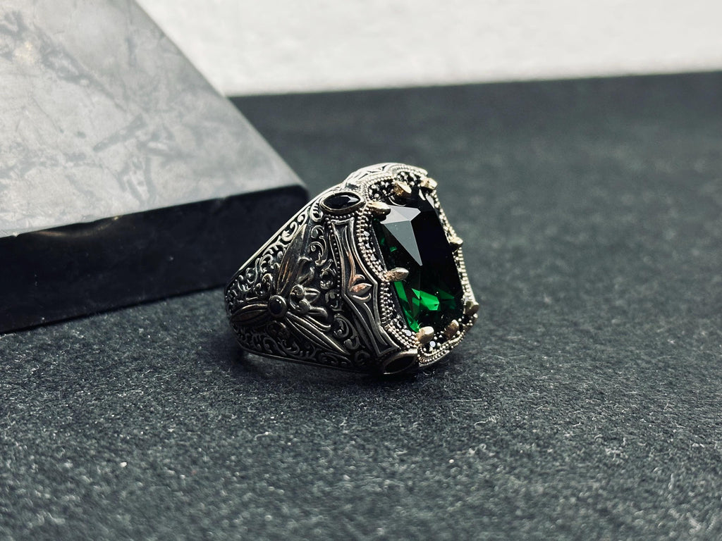 Emerald Men's Ring - Bold Handmade 925 Sterling Silver Turkish Style