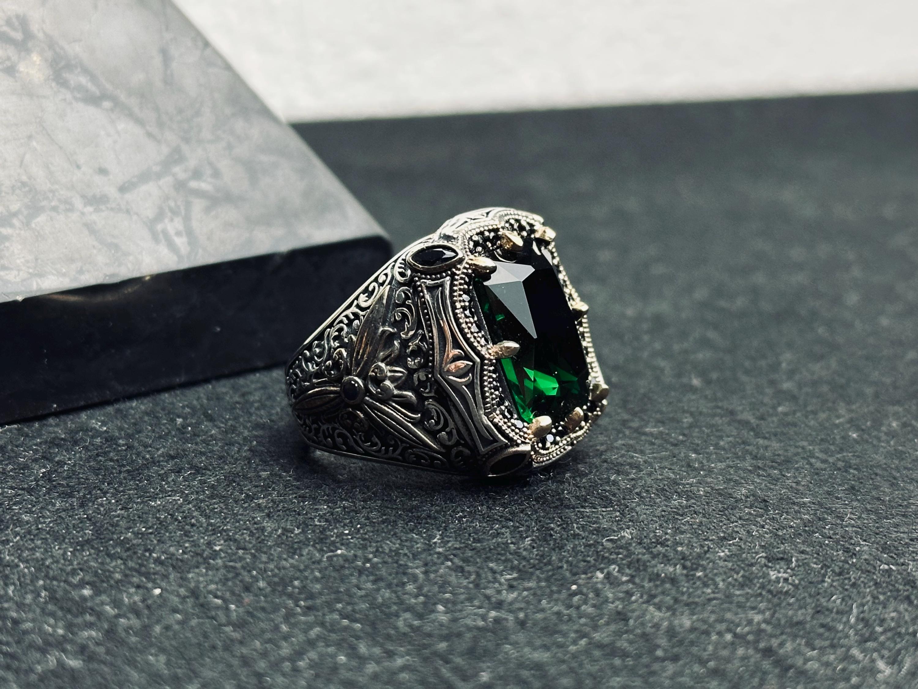 Emerald Men's Ring - Bold Handmade 925 Sterling Silver Turkish Style