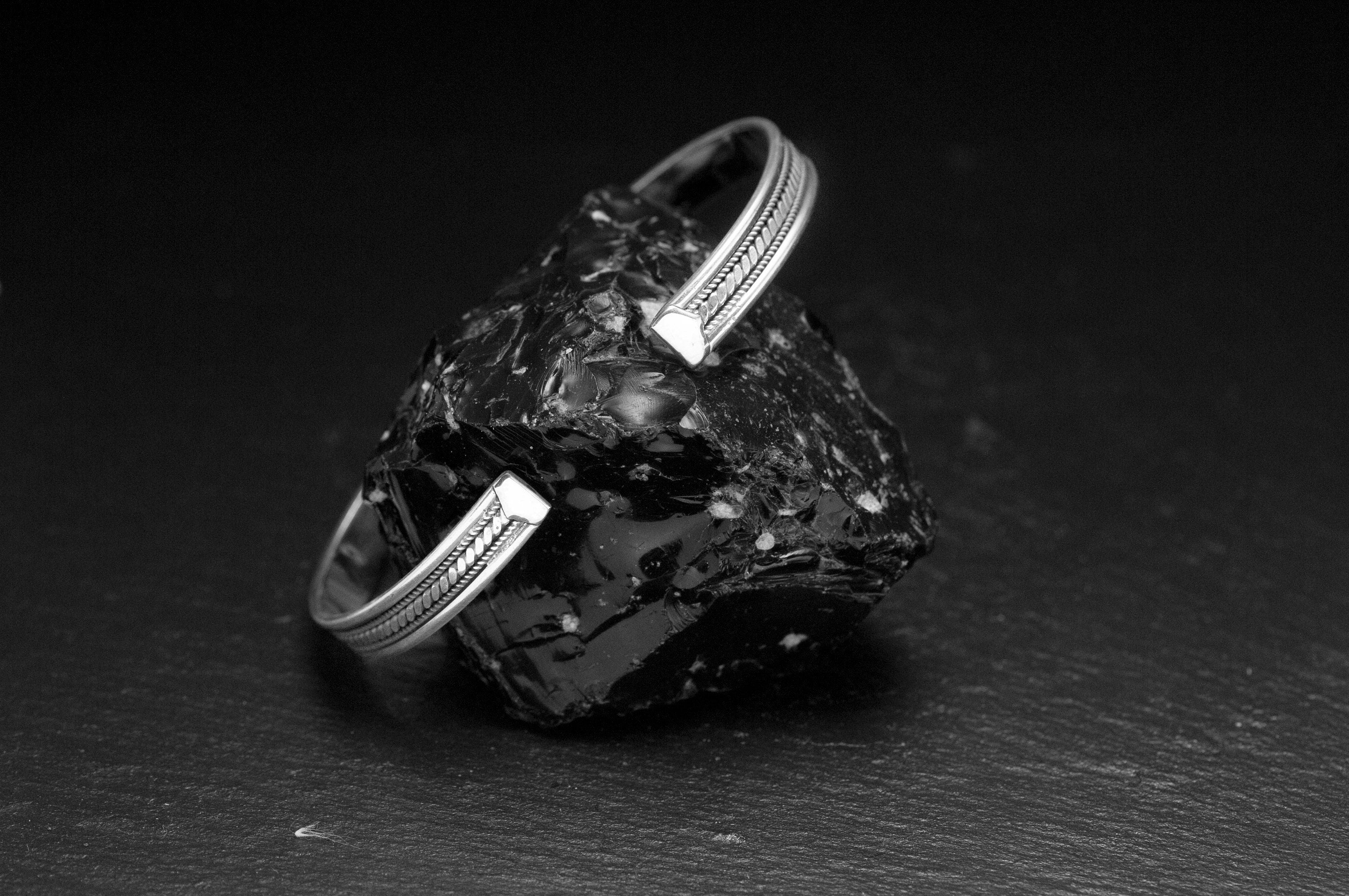 Engraved Sterling Silver Bracelet - Handmade Arabic Cuff Design