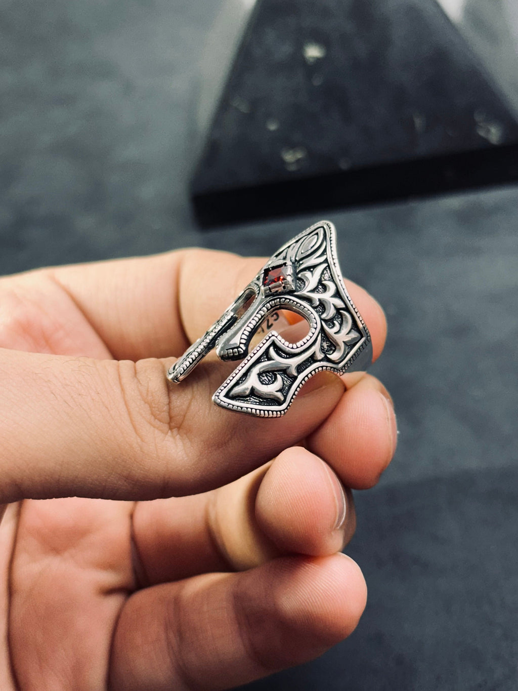 Helm Ring: Sterling Silver with Zircon - Handmade Warrior Design