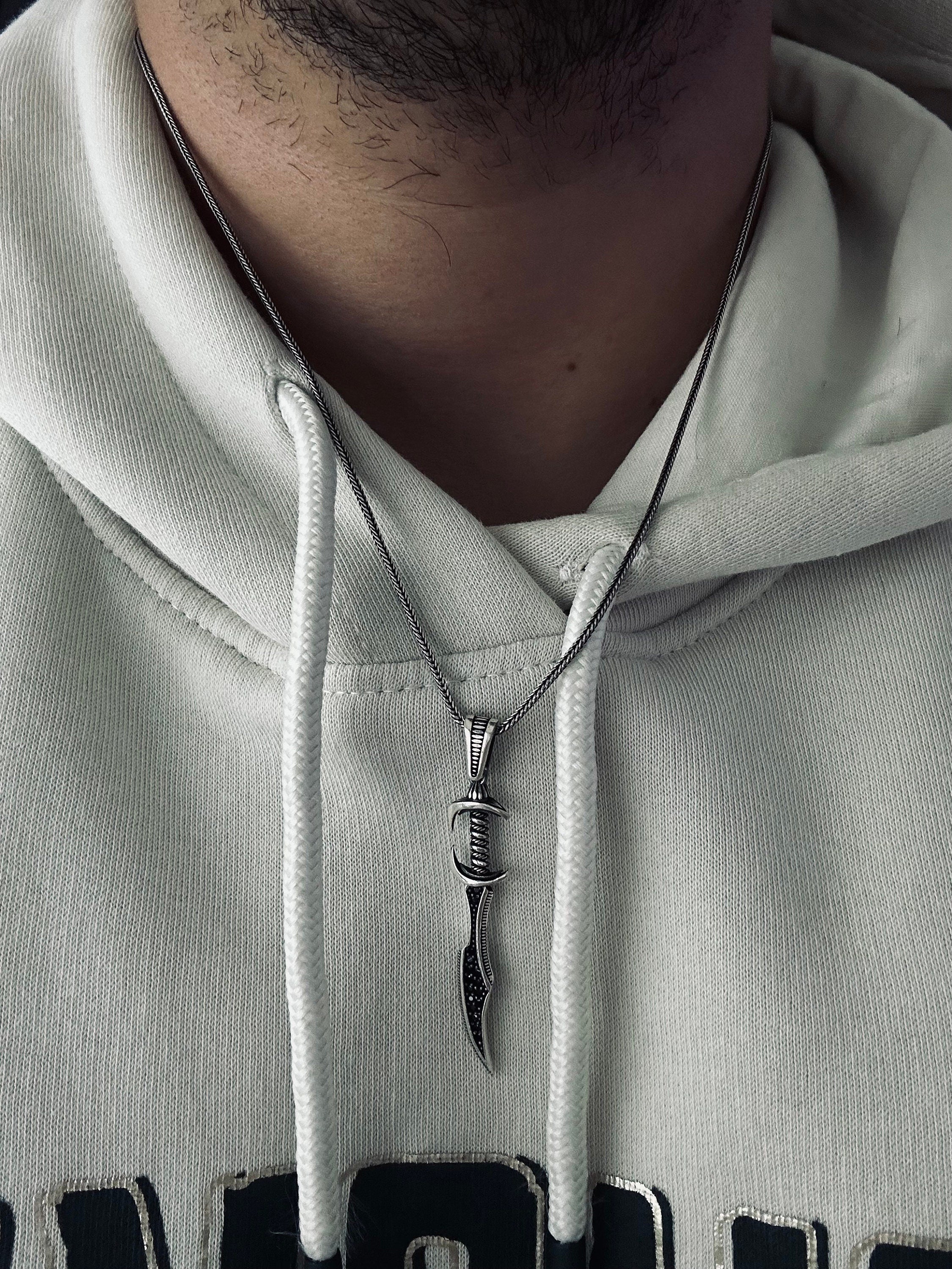 Silver Assassin Dagger Necklace - Detailed Zircon Pendant