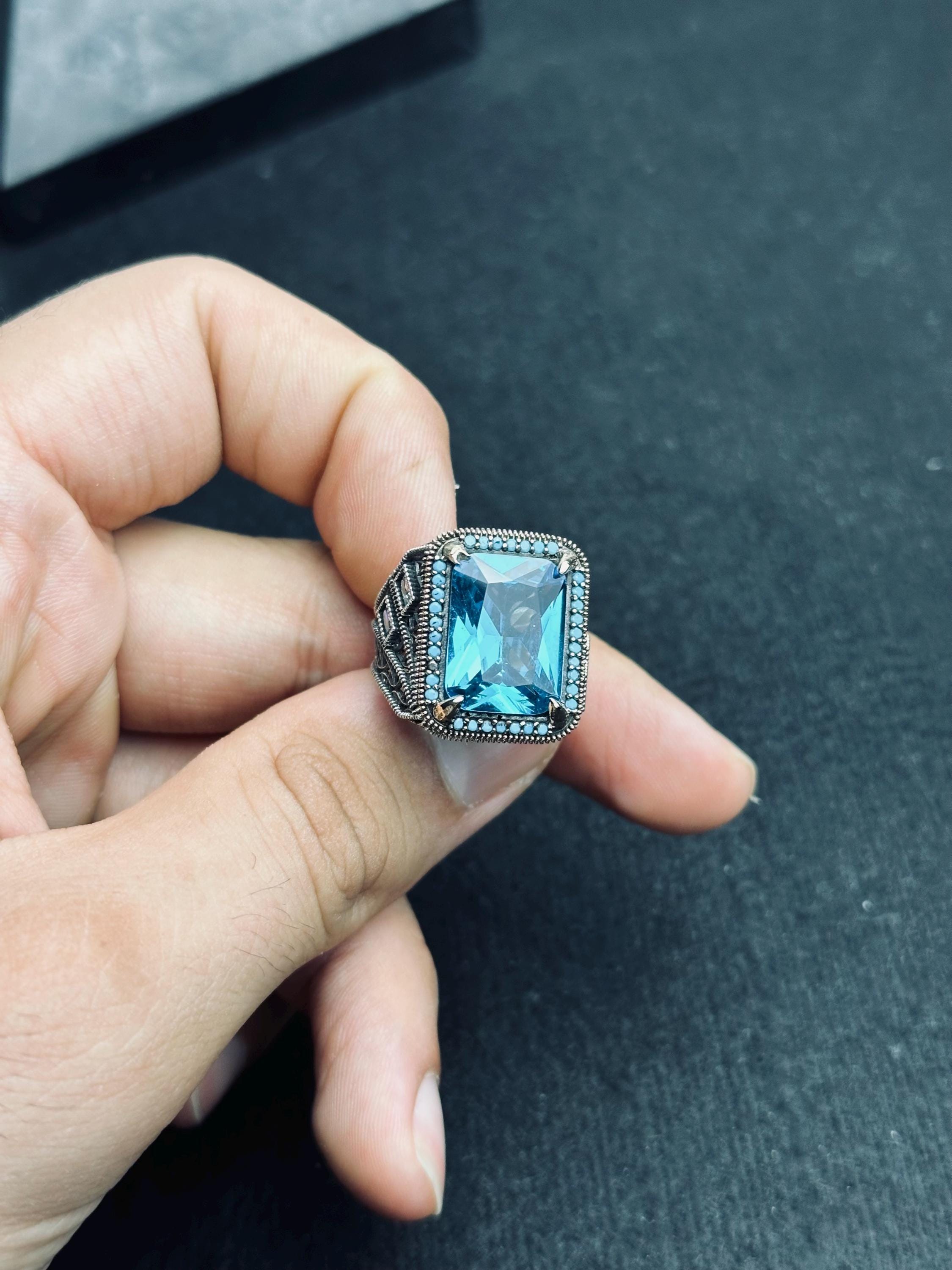 Men's Sterling Silver Aquamarine Ring, Dainty Blue Gemstone (March Birthstone)