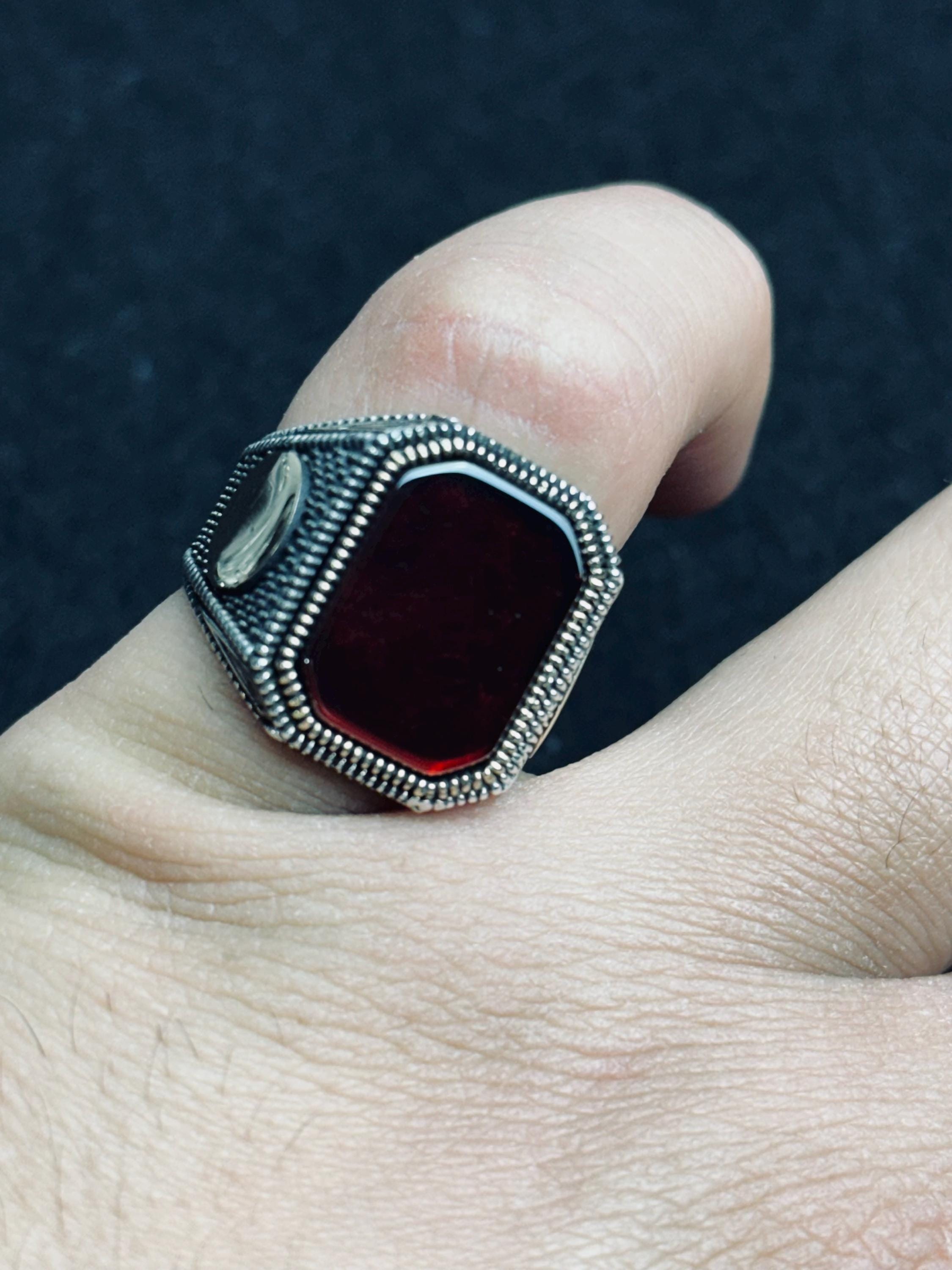 Red Aqeeq Men's Ring - Square Agate, Handmade Silver