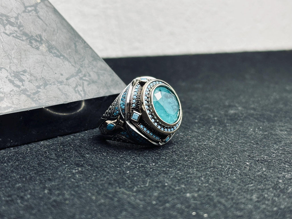 Men's Sterling Silver Ring, Blue Paraiba Tourmaline (Bold Statement)