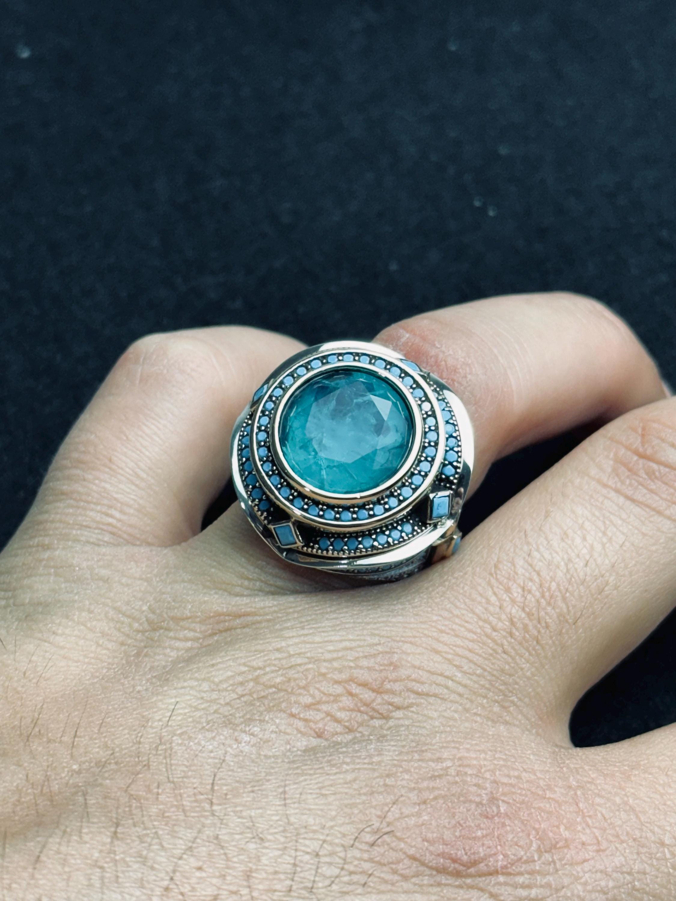 Men's Sterling Silver Ring, Blue Paraiba Tourmaline (Bold Statement)