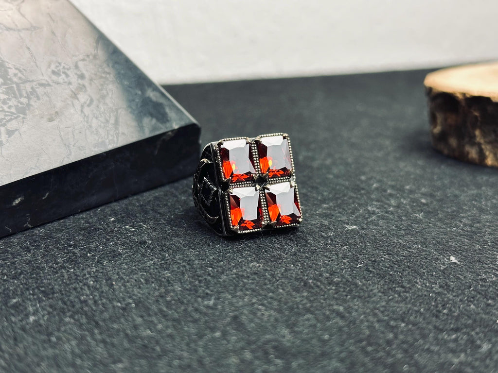 Men’s Ruby Silver Ring - Bold Four Stone Square Handmade Style