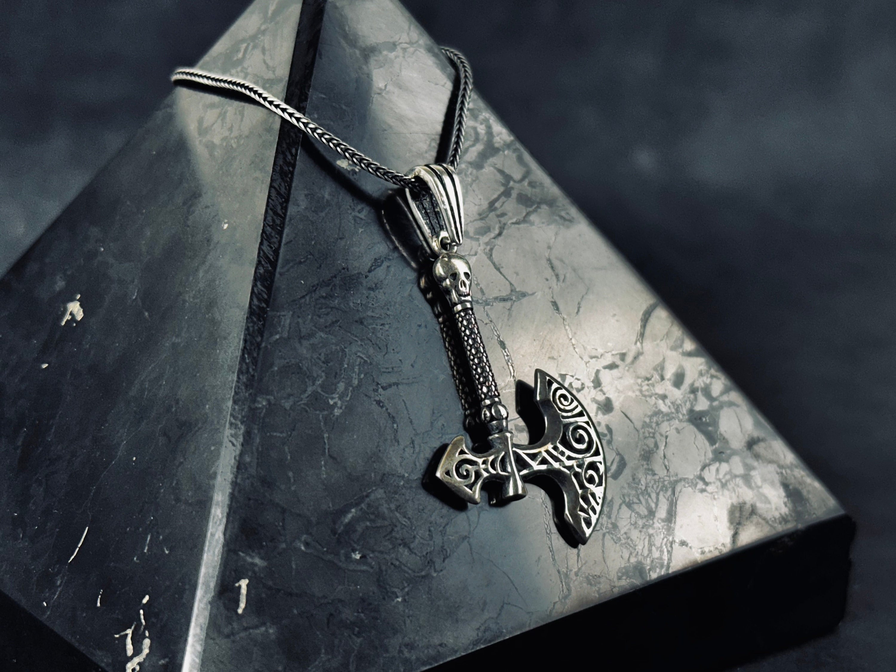 Silver Axe & Skull Necklace: Edgy Gothic Pendant