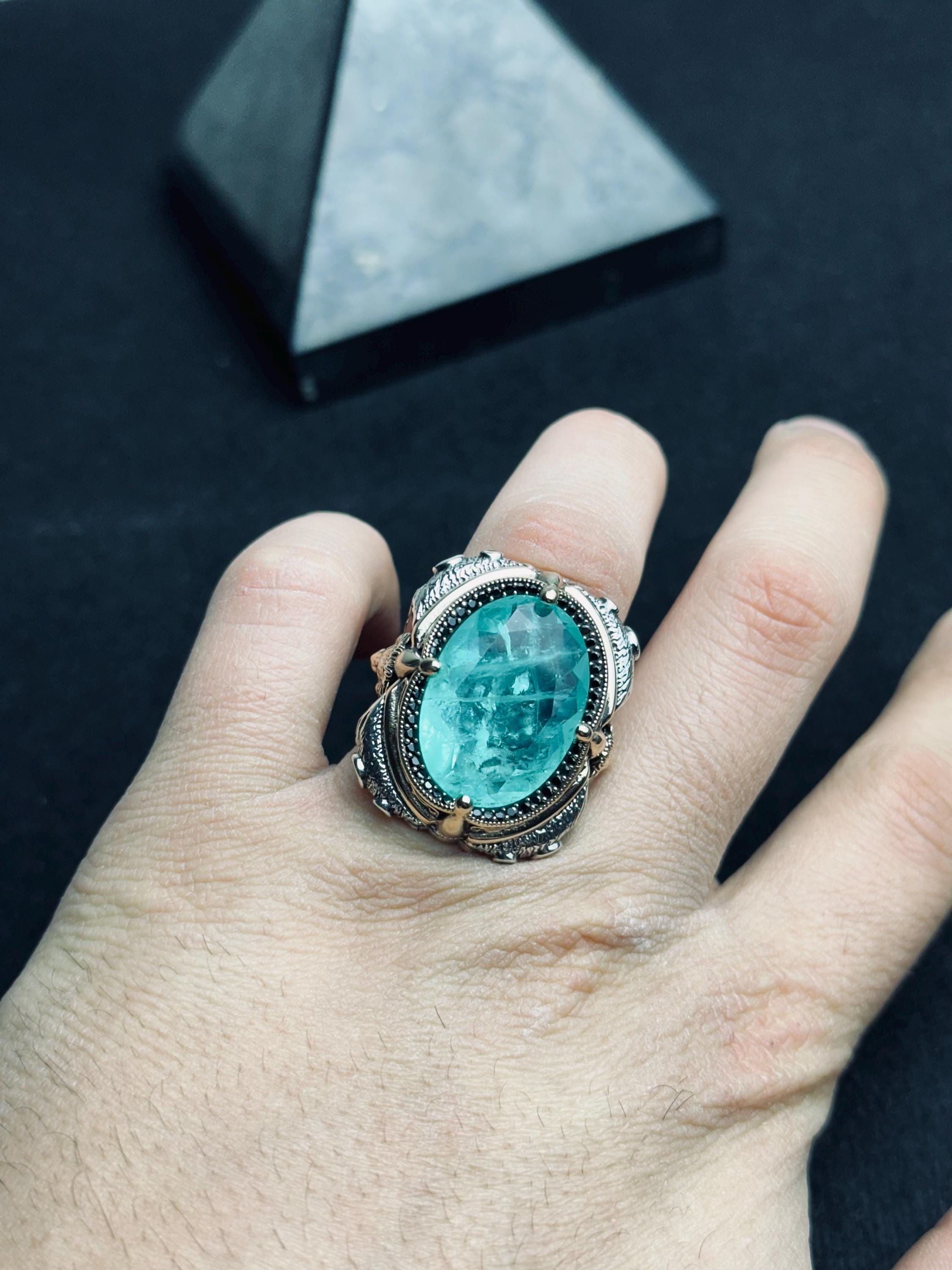 Blue Paraiba Lion Head Ring - Sterling Silver Handmade Men's Statement