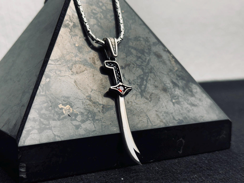Silver Zulfiqar Sword Necklace: Islamic Design (Handmade, Zircon Accent)