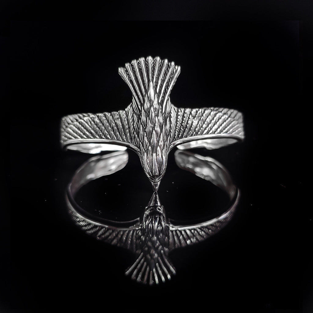 Falcon Sterling Silver Bracelet, Eagle Engraved with Sapphire (Men's Cuff)