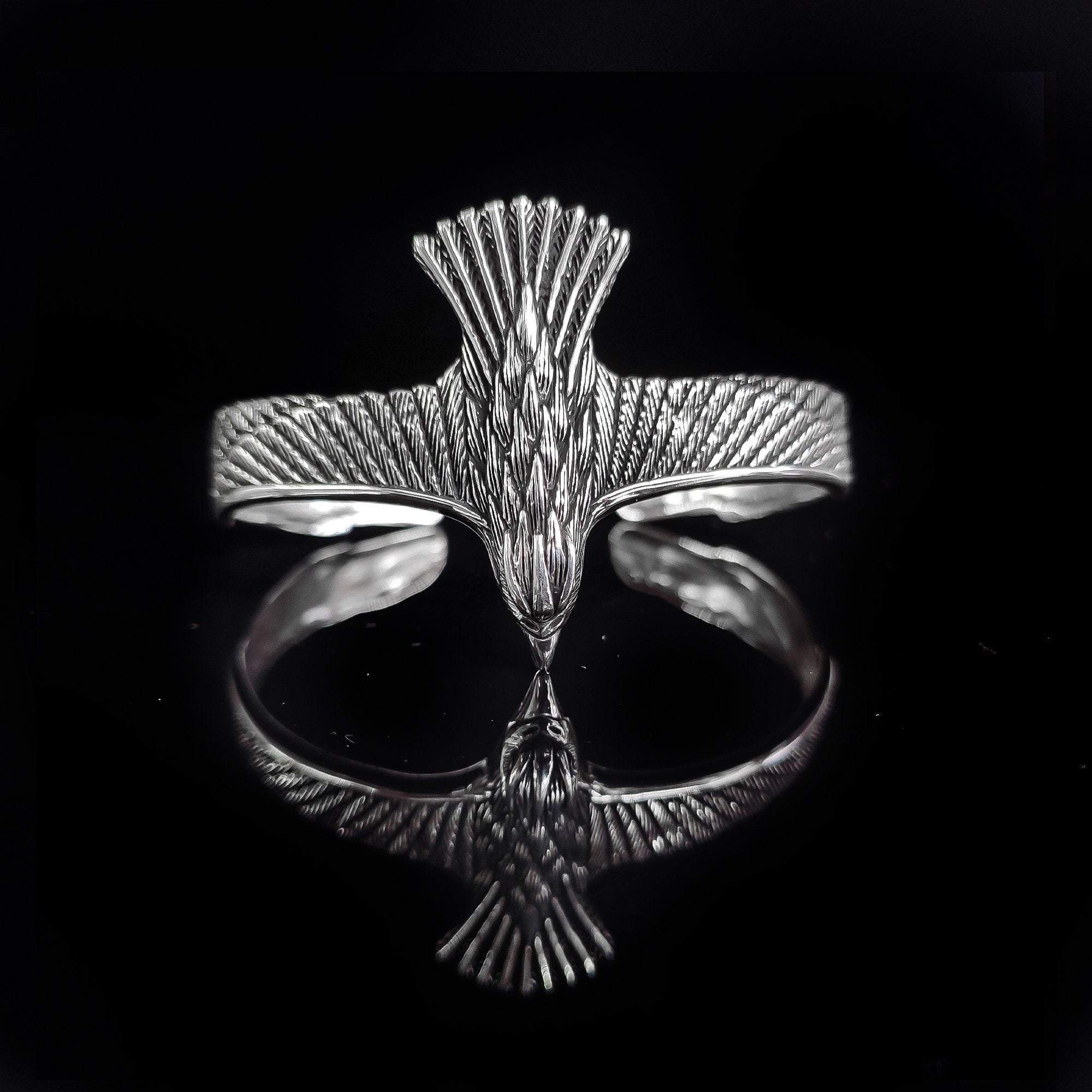 Falcon Sterling Silver Bracelet, Eagle Engraved with Sapphire (Men's Cuff)