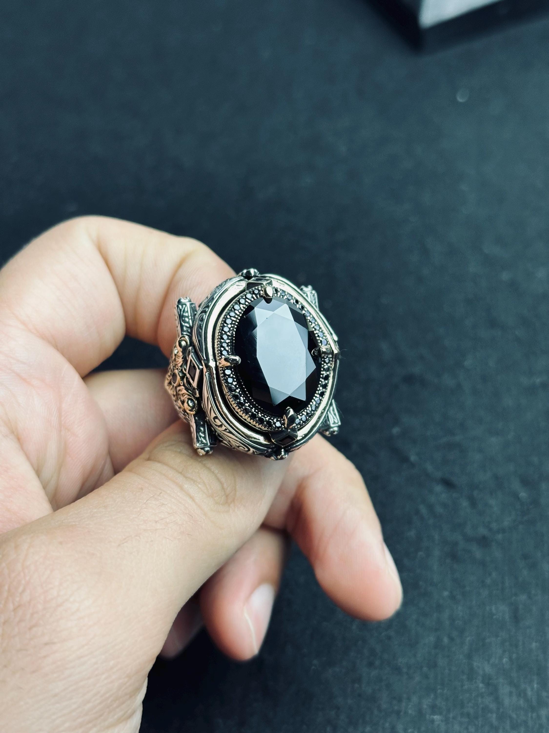 Statement Men’s Ring: Black Zircon Silver (Handmade, Large)