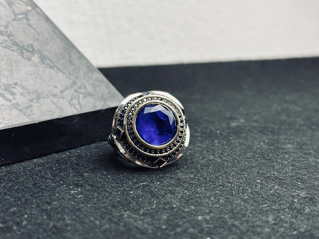 Men's Sterling Silver Ring: Blue Zircon Stone - Handmade Turkish Design