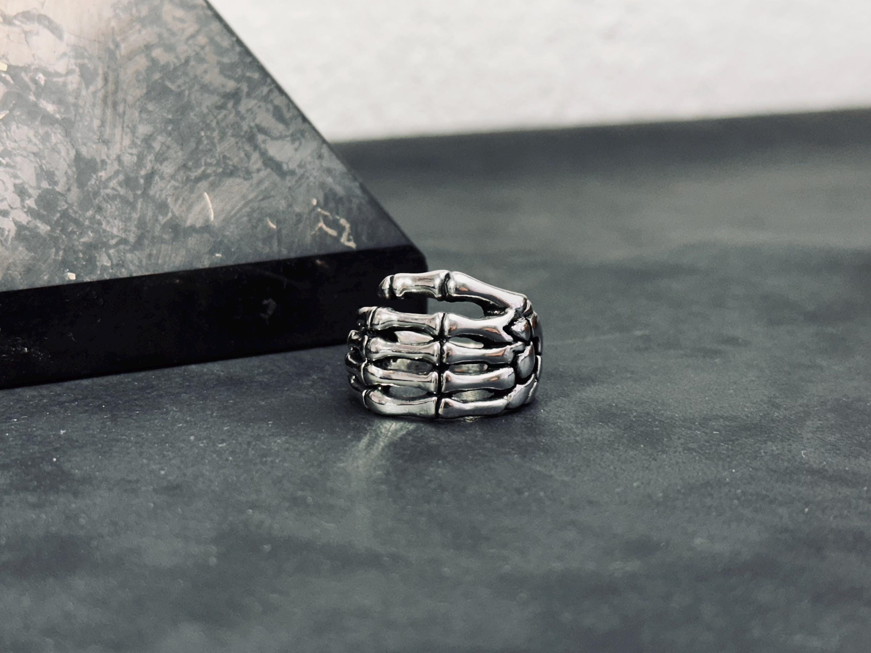 Sterling Silver Finger Bones Ring: Gothic Biker Style for Men