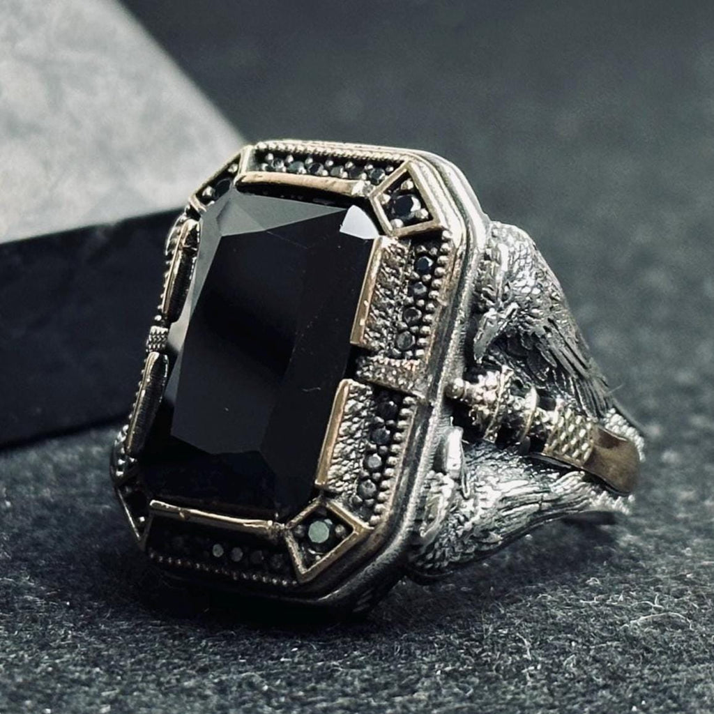 Men's Sterling Silver Ring: Black Zircon, Eagle Motif - Handmade