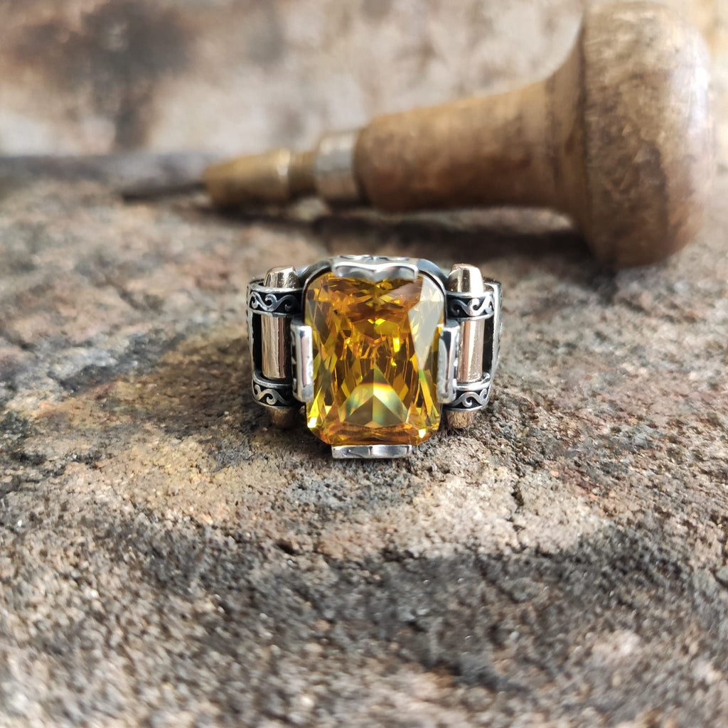 Citrine Zircon Sterling Silver Ring: Handmade Turkish Men's Jewelry