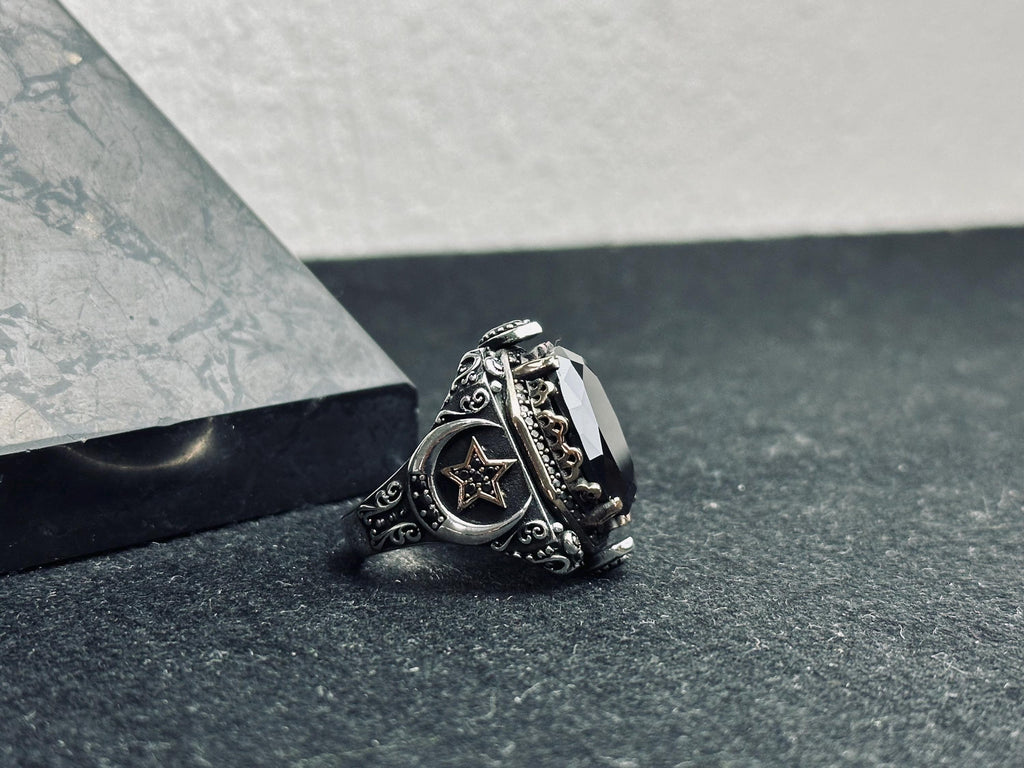 Men's Signet Ring: Black Zircon Stone - Sterling Silver