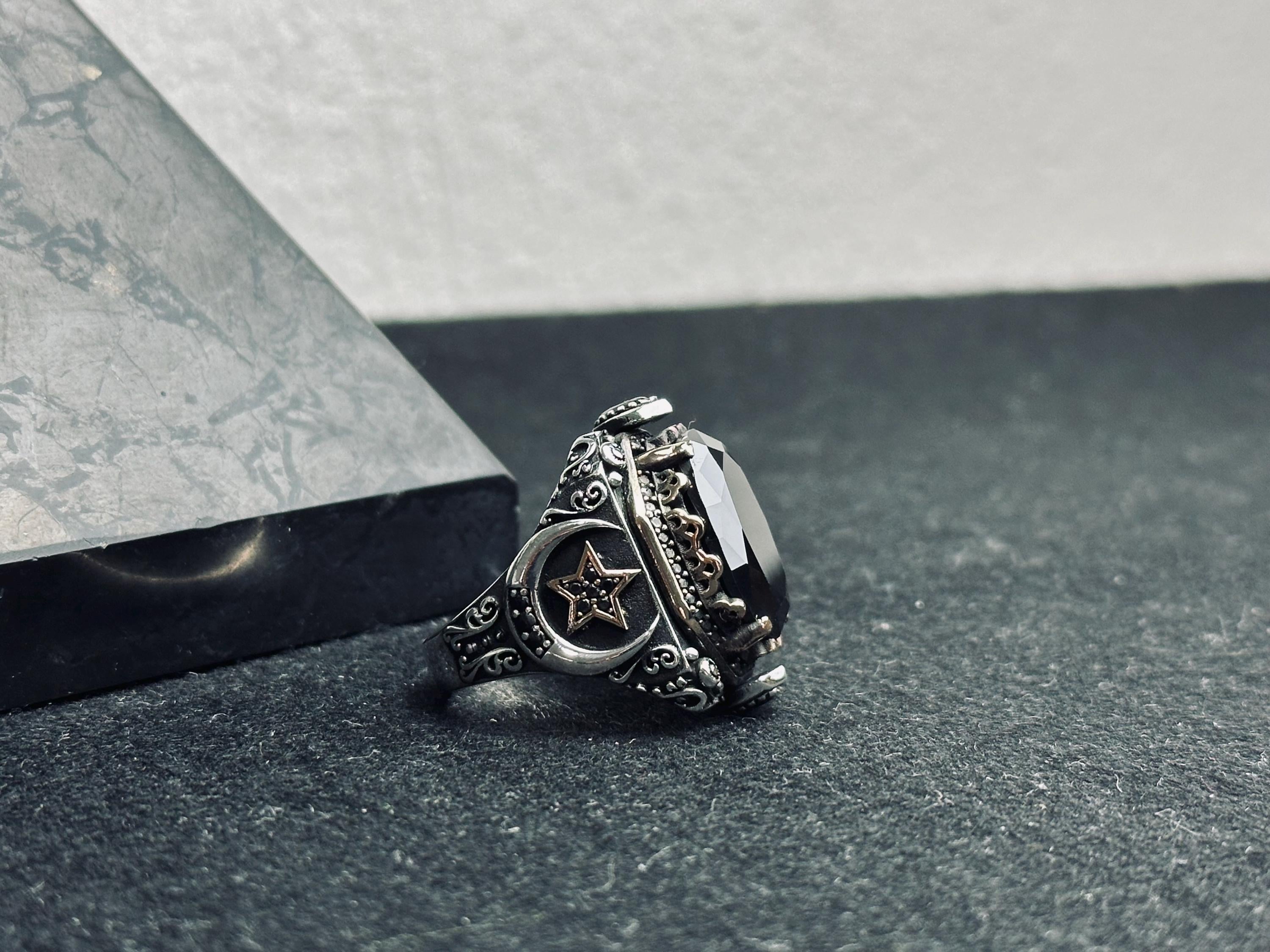 Men's Signet Ring: Black Zircon Stone - Sterling Silver