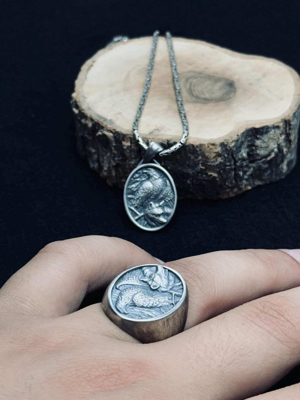 Sterling Silver Eagle Necklace and Ring Set - Handmade Winged Jewelry