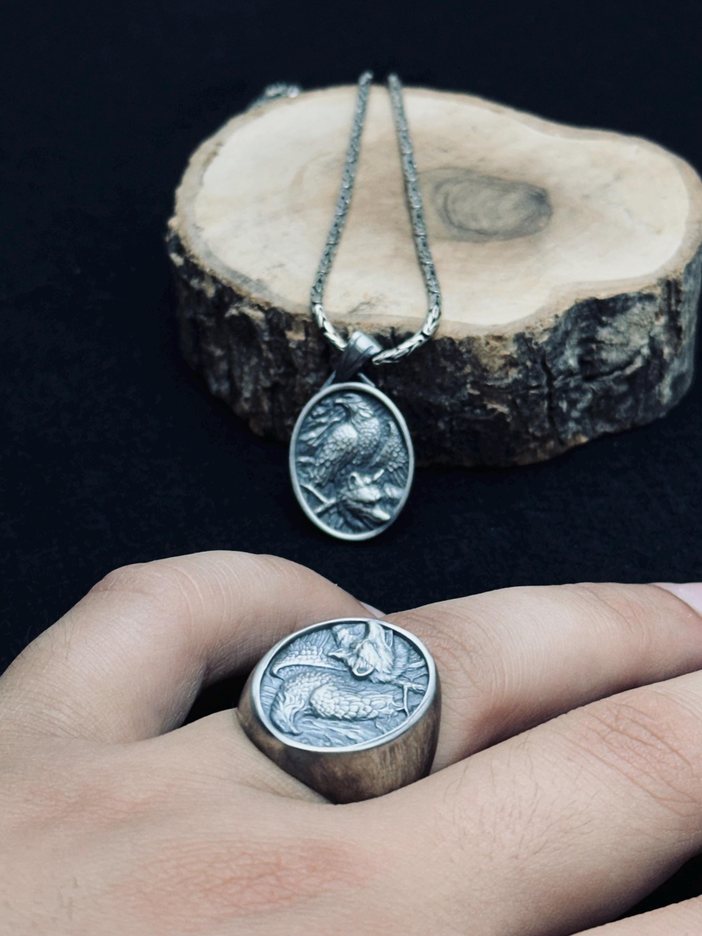 Sterling Silver Eagle Necklace and Ring Set - Handmade Winged Jewelry