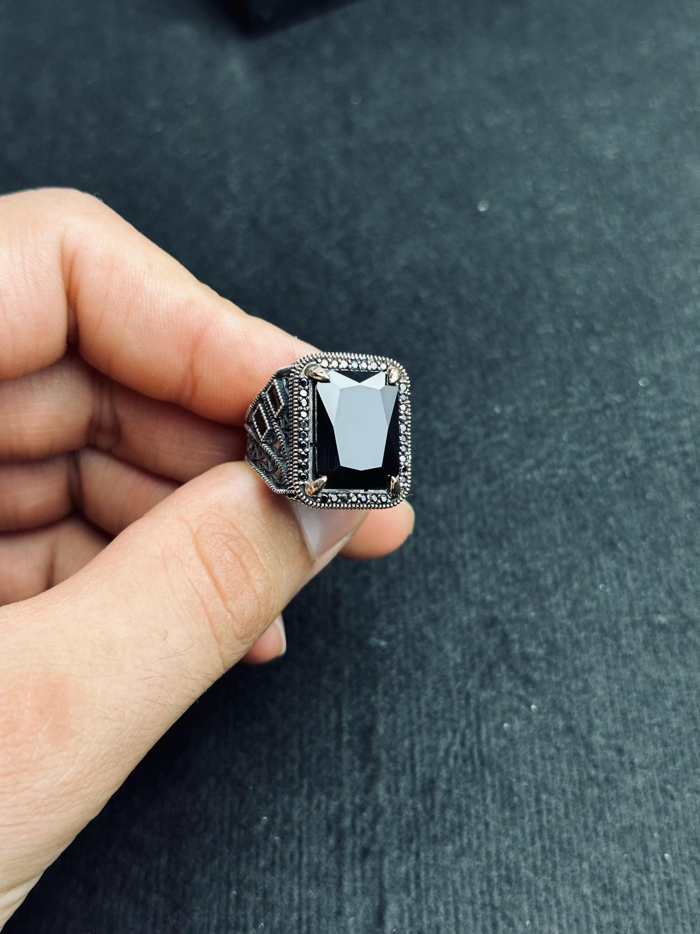 Black Zircon Men's Ring - Sterling Silver Ottoman Style