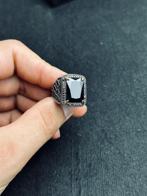 Black Zircon Men's Ring - Sterling Silver Ottoman Style