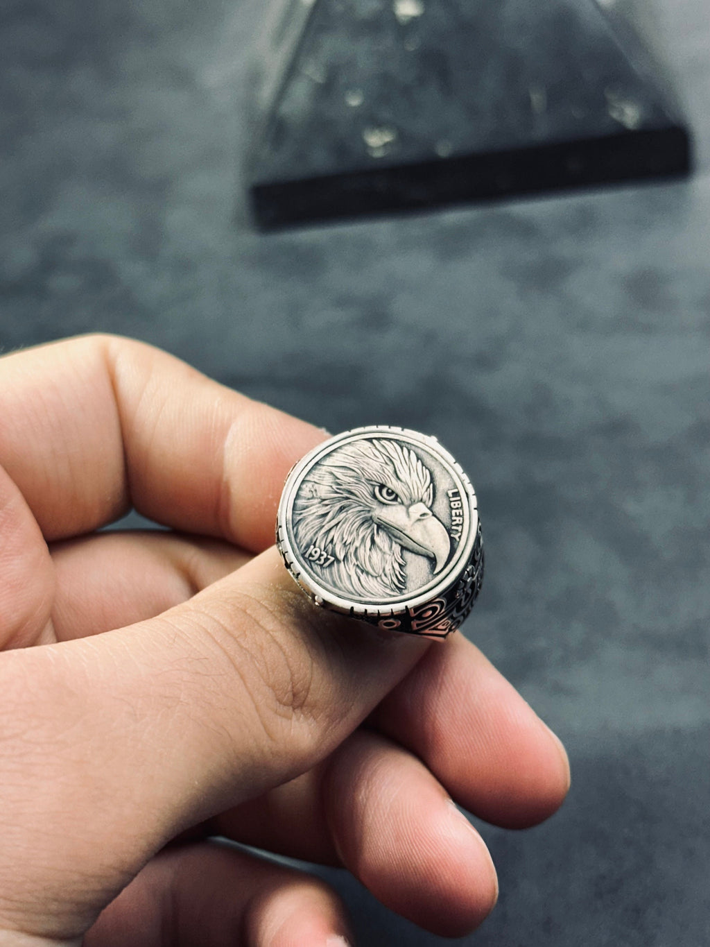 Engraved Eagle Ring: Tribal Sterling Silver (Handmade for Men)