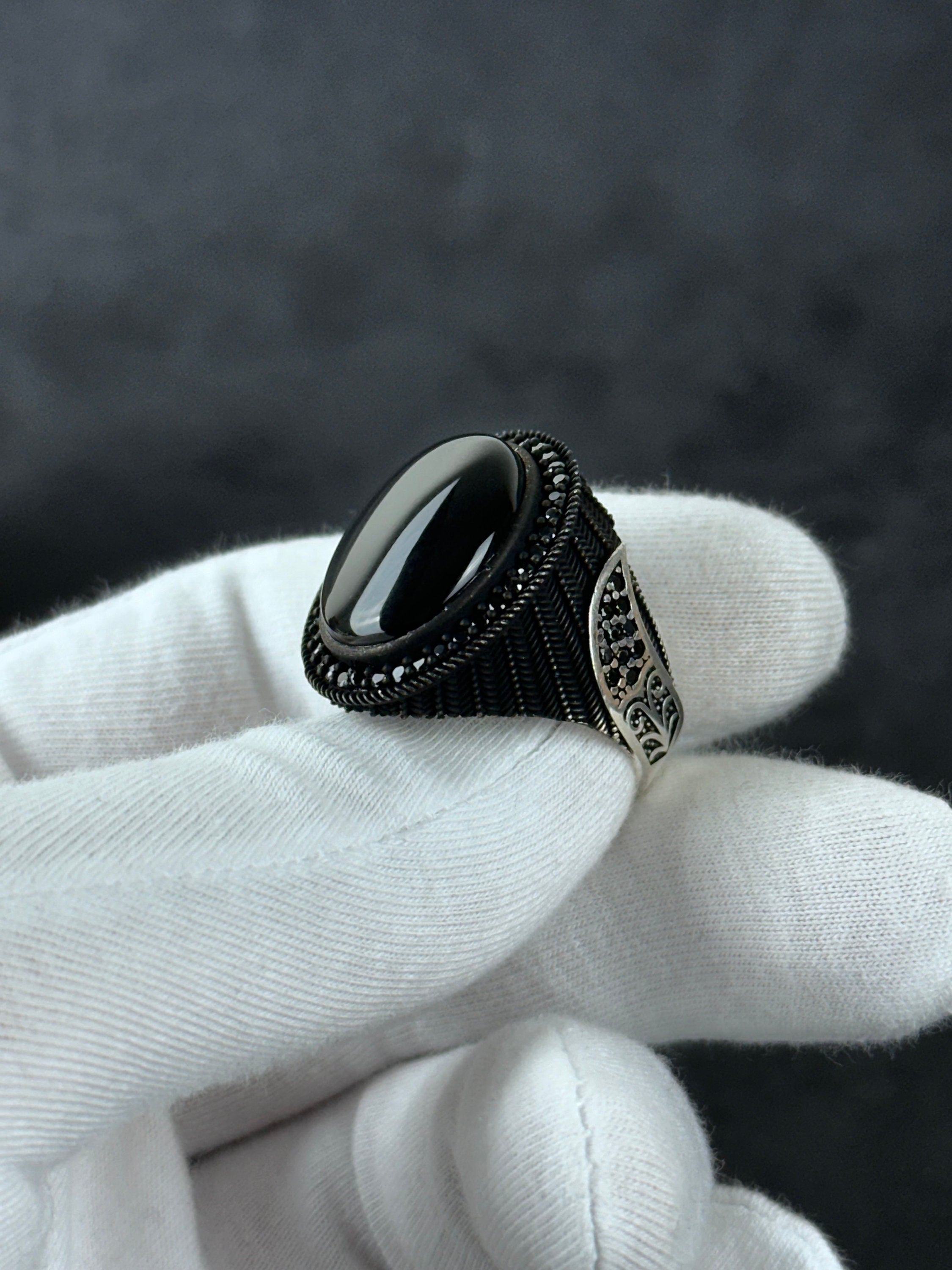 Handmade Silver Onyx Ring - Solid Sterling with Zircon Accent