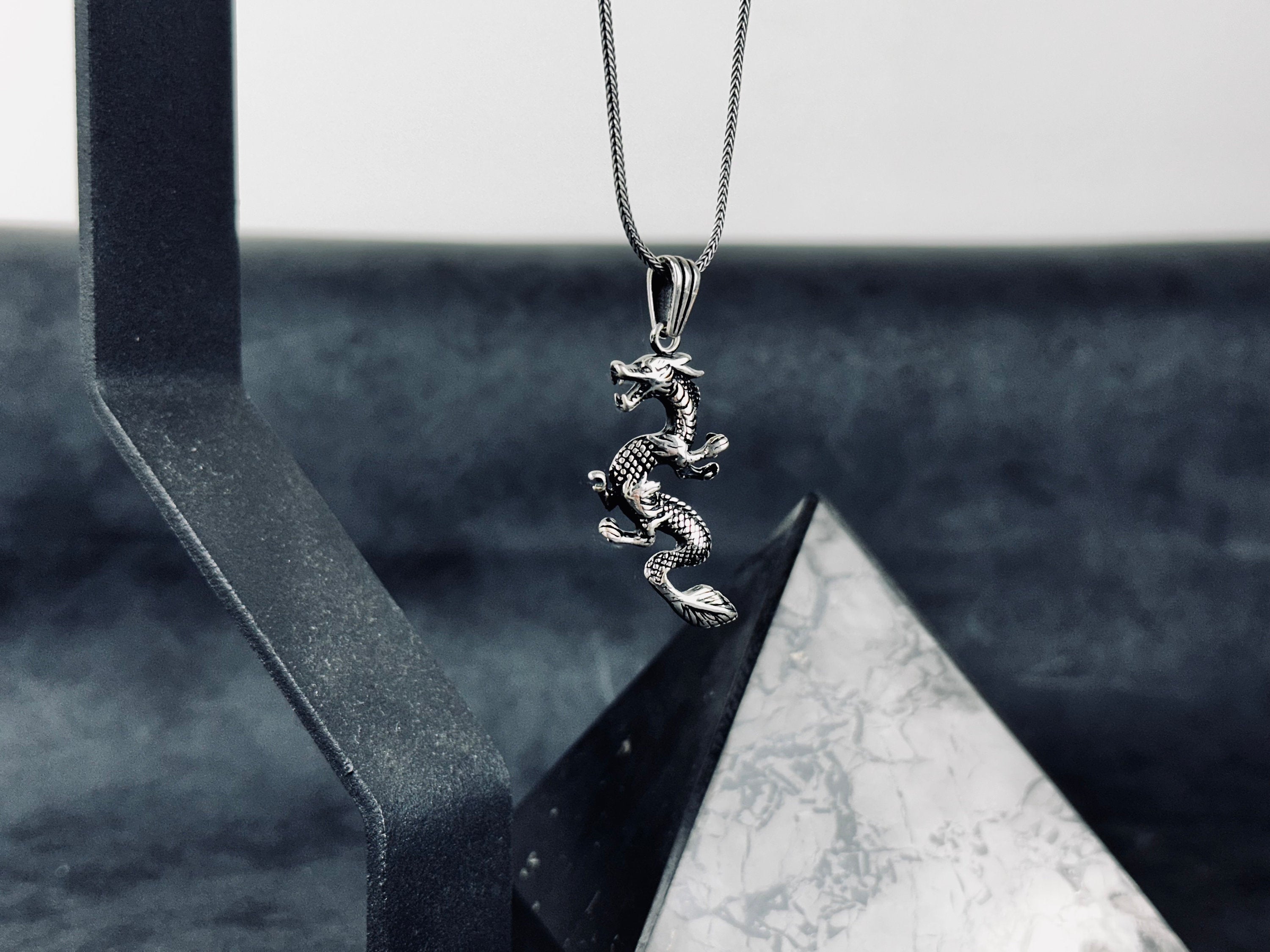 Fantasy Silver Necklace Dragon Charm (Handmade Pendant on Chain)