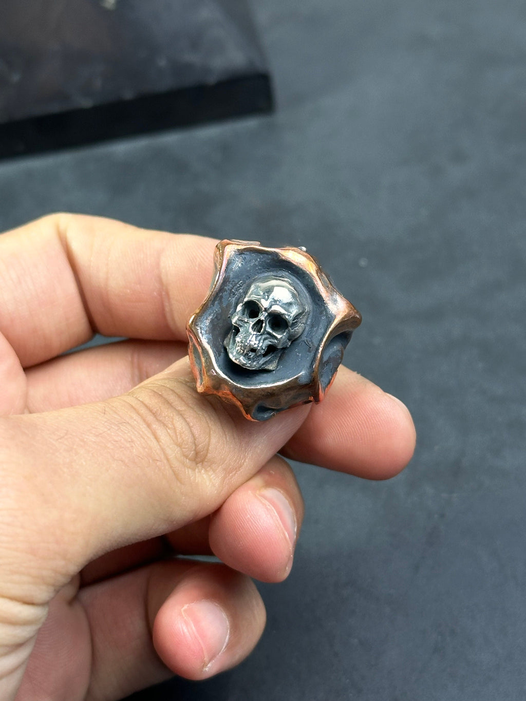 Oxidized Sterling Silver Skull Ring: Handmade Gothic Biker Jewelry