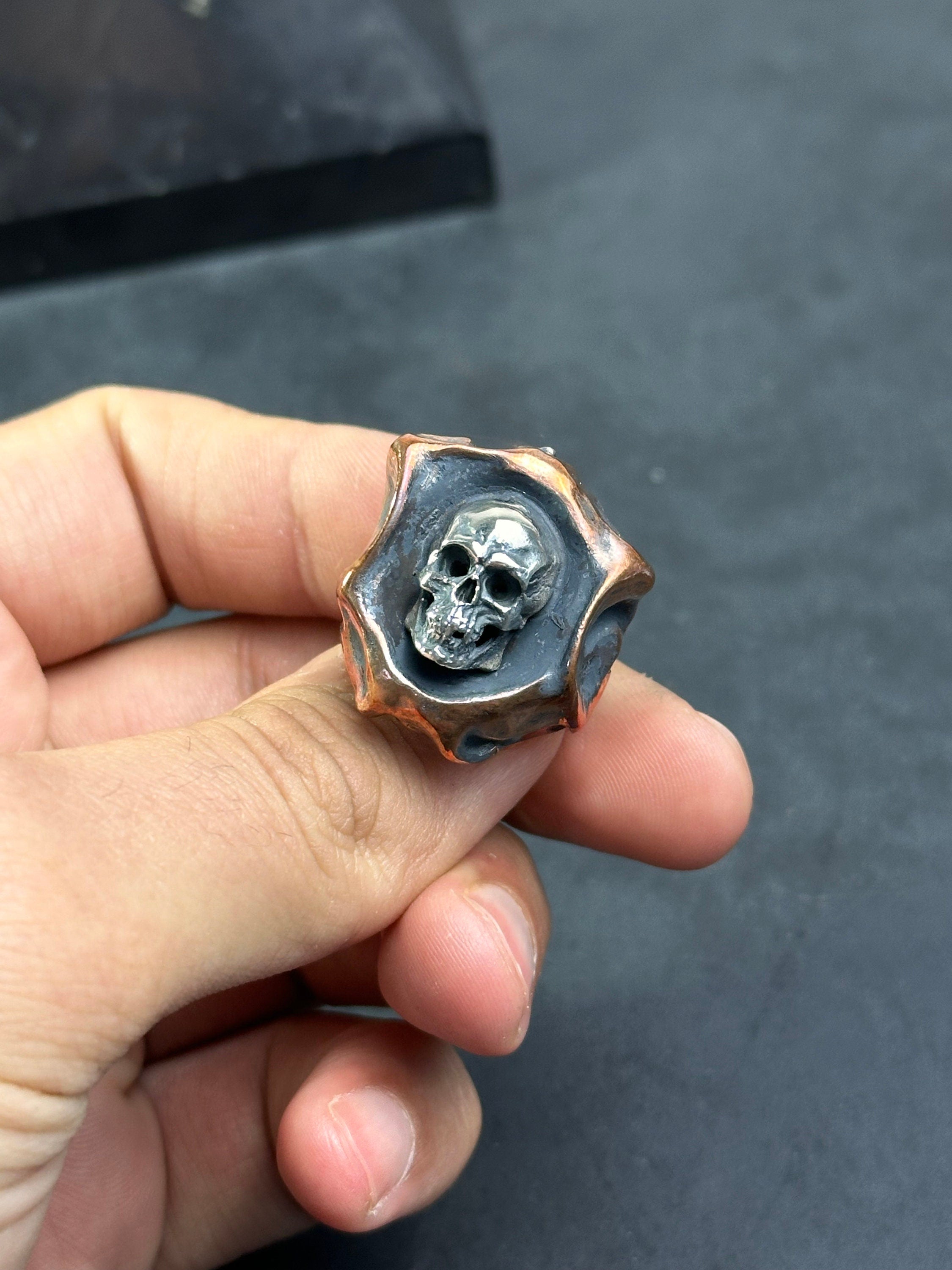 Oxidized Sterling Silver Skull Ring: Handmade Gothic Biker Jewelry