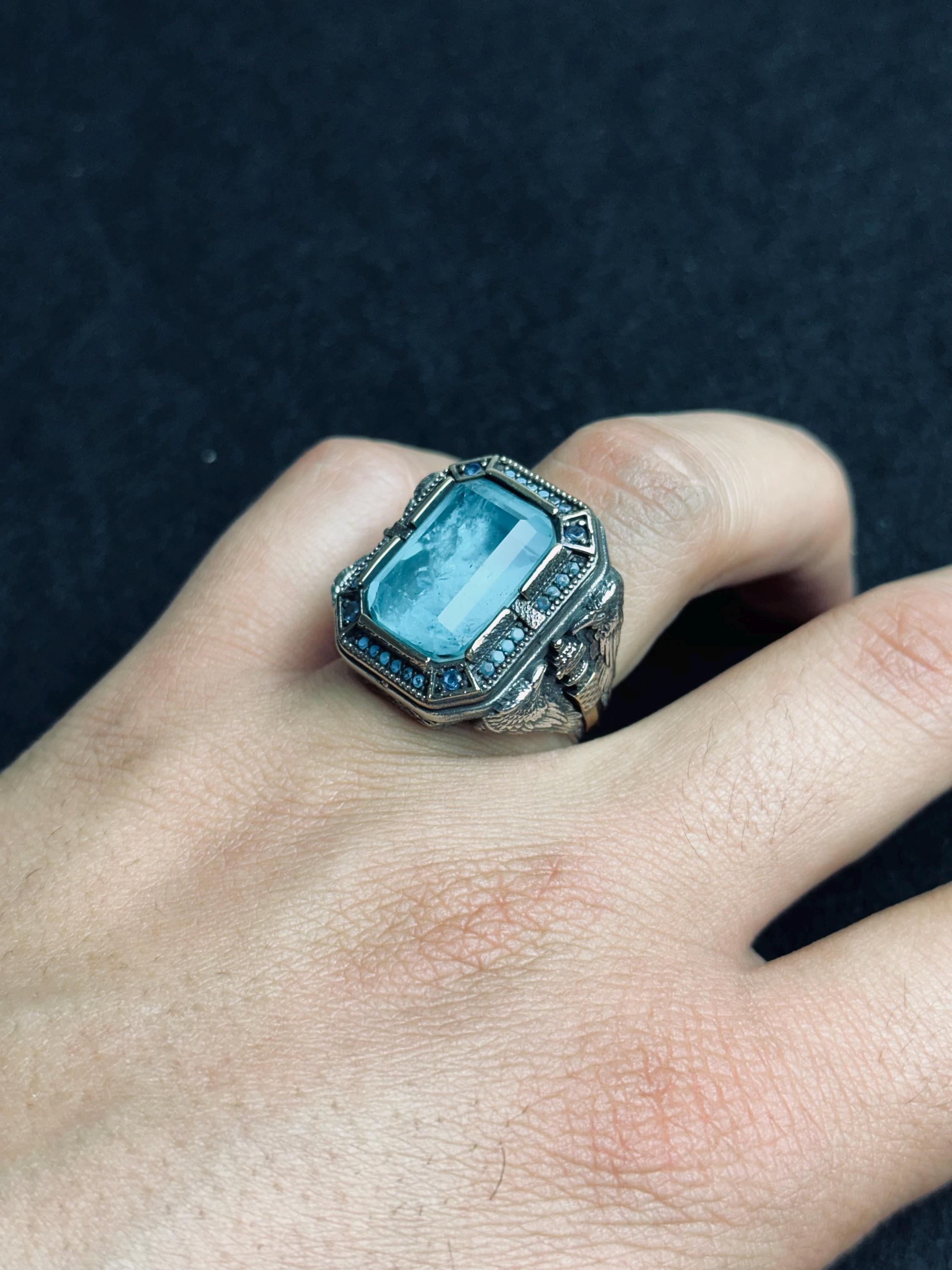 Aquamarine Men's Ring: Twin Eagle Heads, Sterling Silver