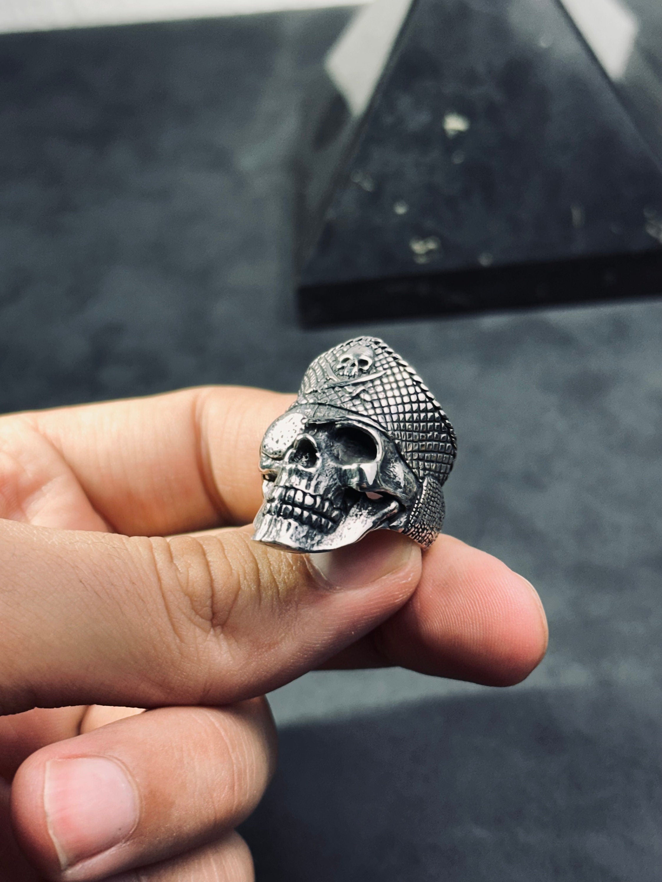 Sterling Silver Pirate Skull Ring: Gothic Biker Captain Design