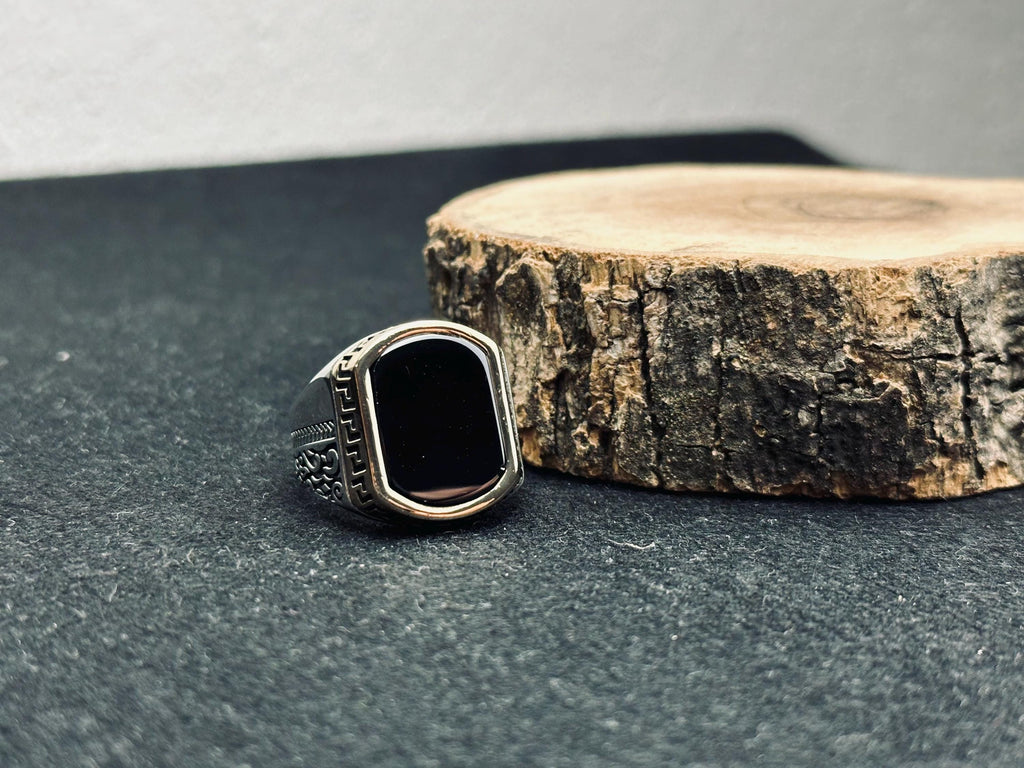 Ottoman Black Onyx Ring: Crescent Star, 925 Sterling Silver